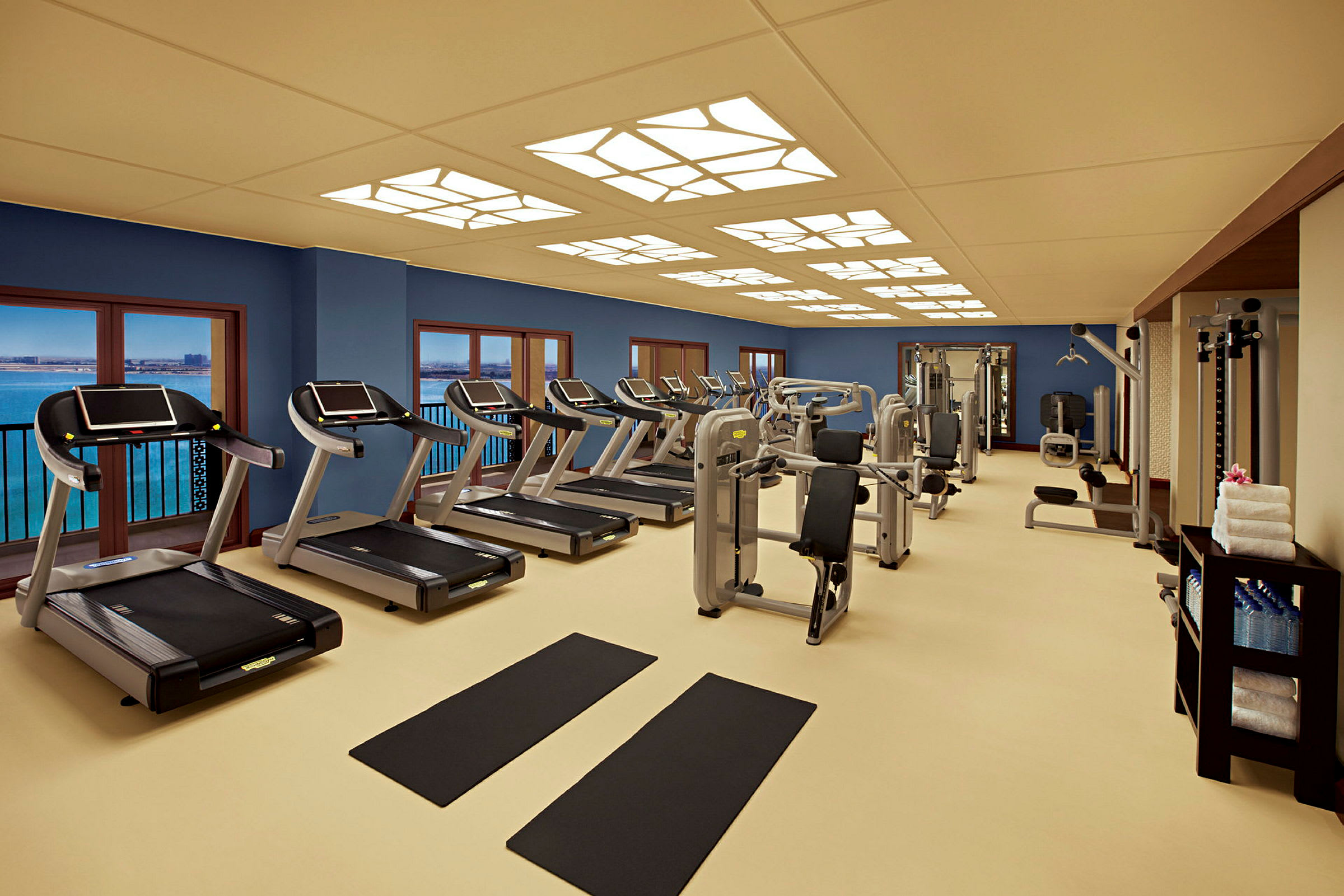 Ett gym med löpband, träningsmaskiner och mattor. (AI-genererad text)