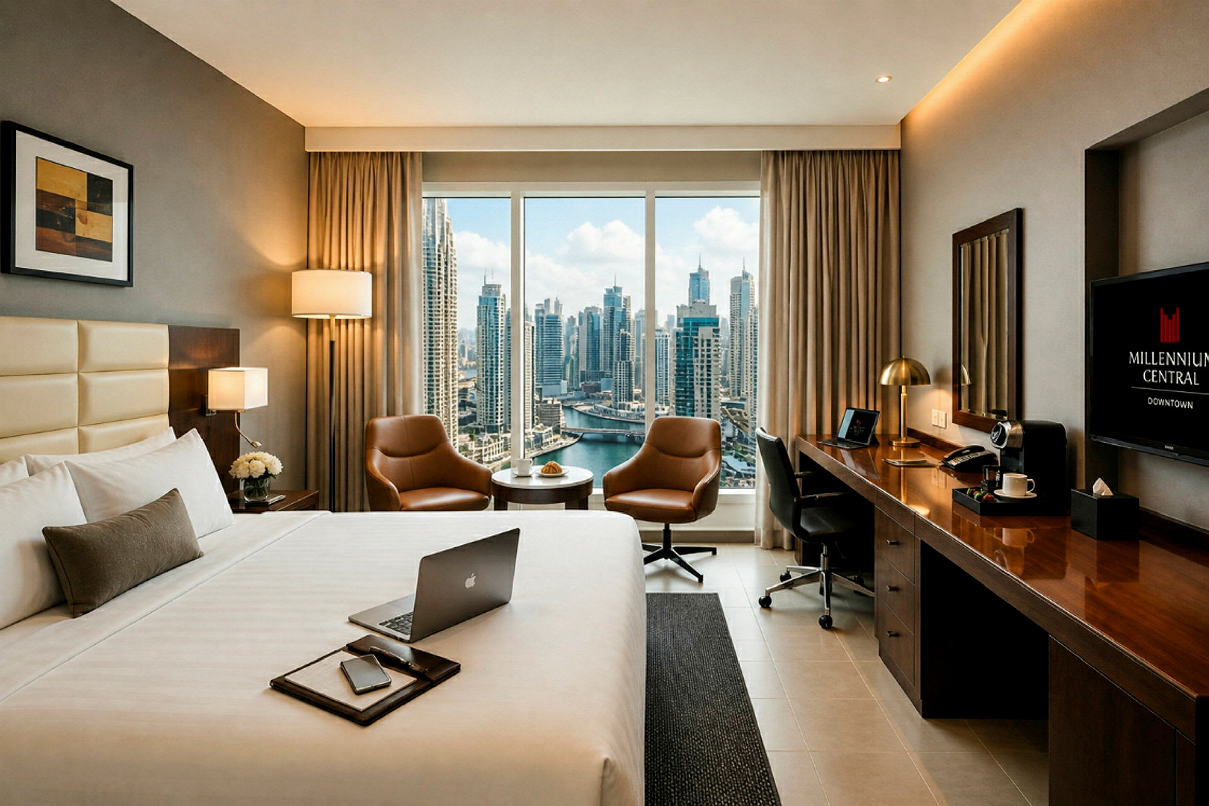 Hotellrum med en stor säng, skrivbord och två sittplatser, samt fönster med utsikt över stadens skyline. (AI-genererad text)