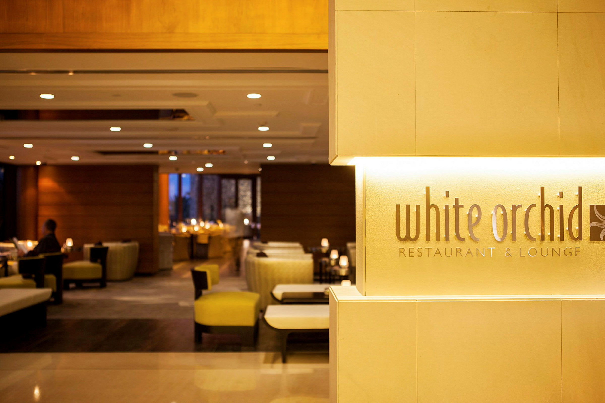 Bild av en skylt med texten 'white orchid RESTAURANT & LOUNGE' framför en lounge med gult tonade möbler. (AI-genererad text)