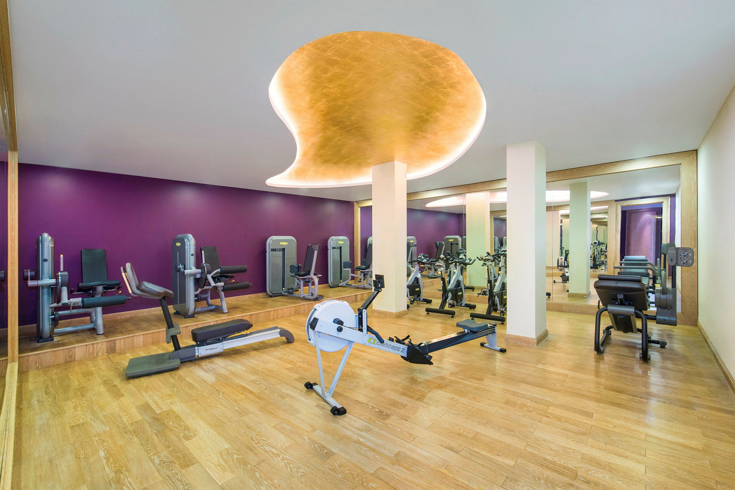 Gym med träningsmaskiner och speglar. (AI-genererad text)