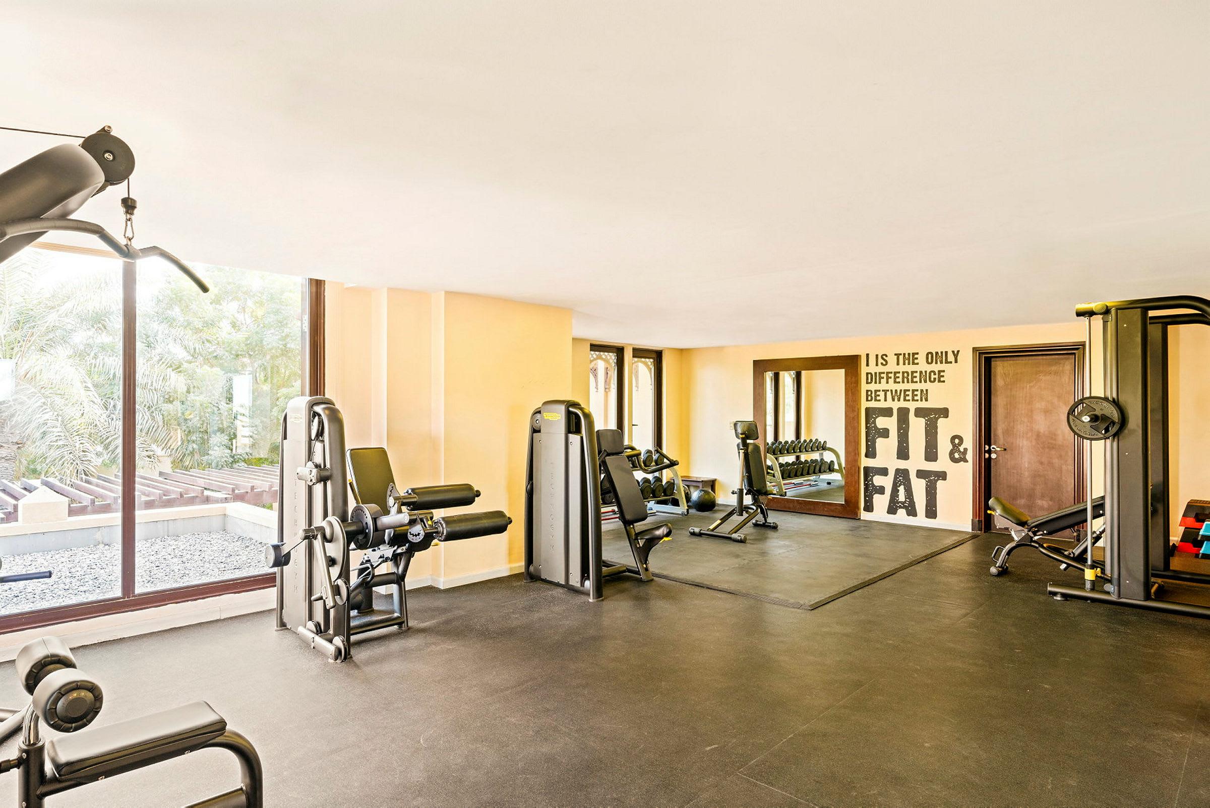 Ett gym med träningsmaskiner, en spegelvägg och fönster med utsikt över grönska. (AI-genererad text)