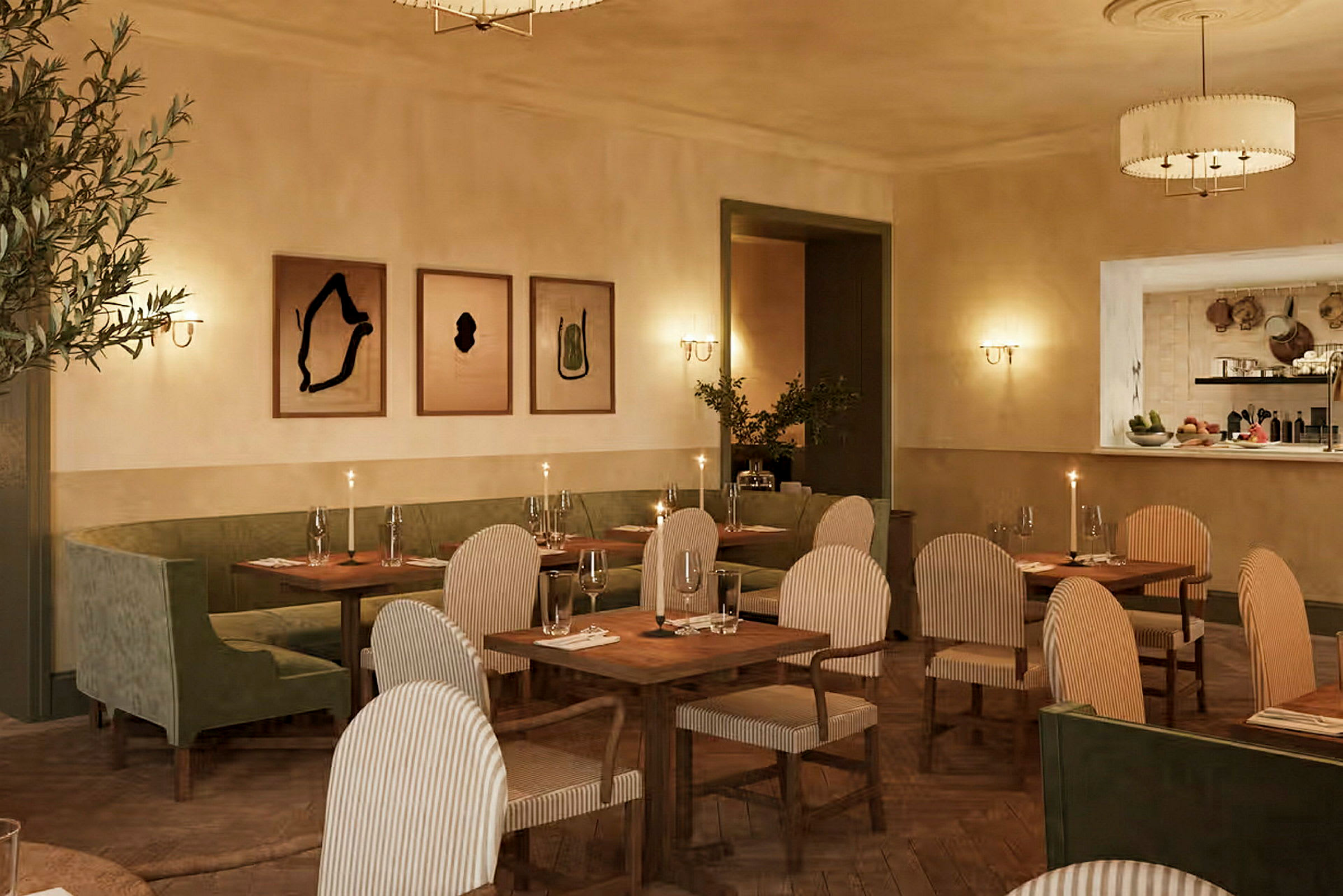 En elegant restaurang med bord, stolar och konstverk på väggarna. (AI-genererad text)