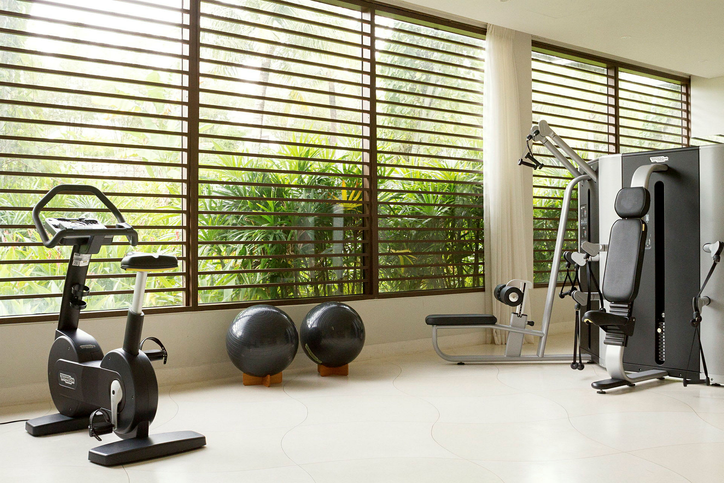 Ett ljust gym med träningsmaskiner, yogabollar och stora fönster som vetter mot träd och grönska. (AI-genererad text)