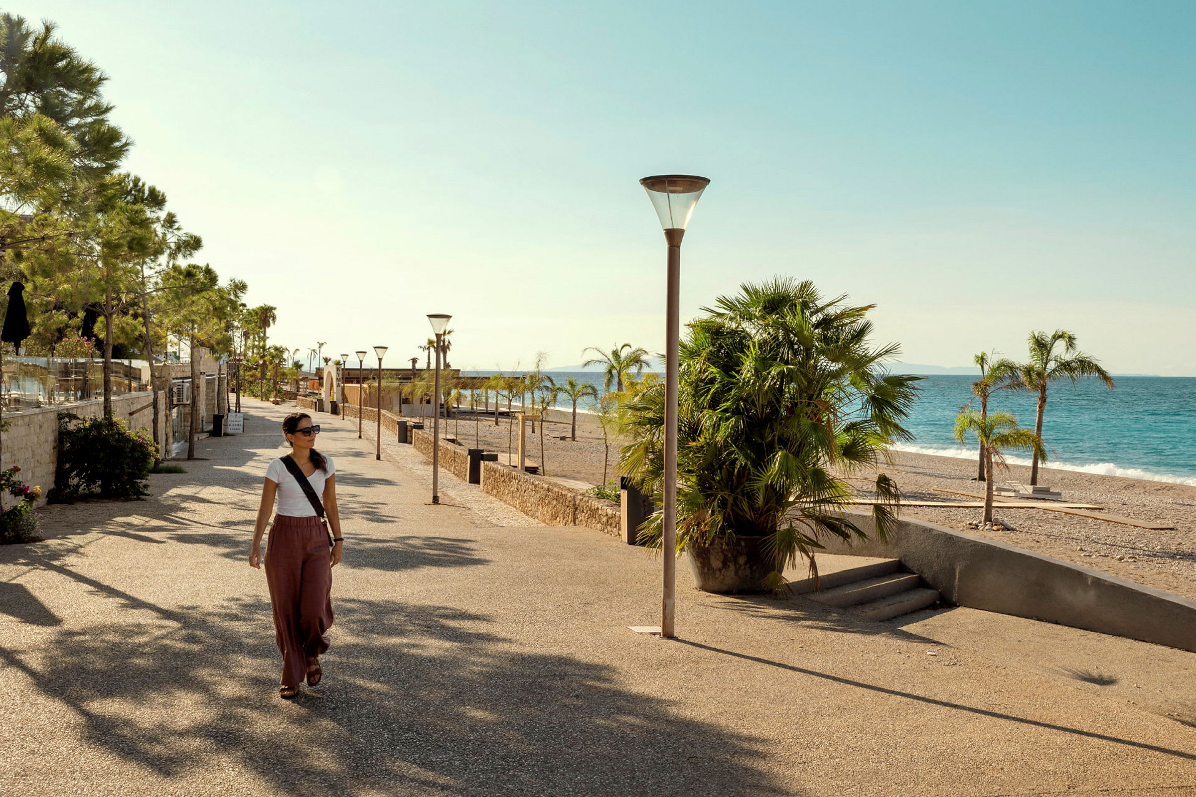 Promenadstråk vid stranden med palmer och gatubelysning. (AI-genererad text)