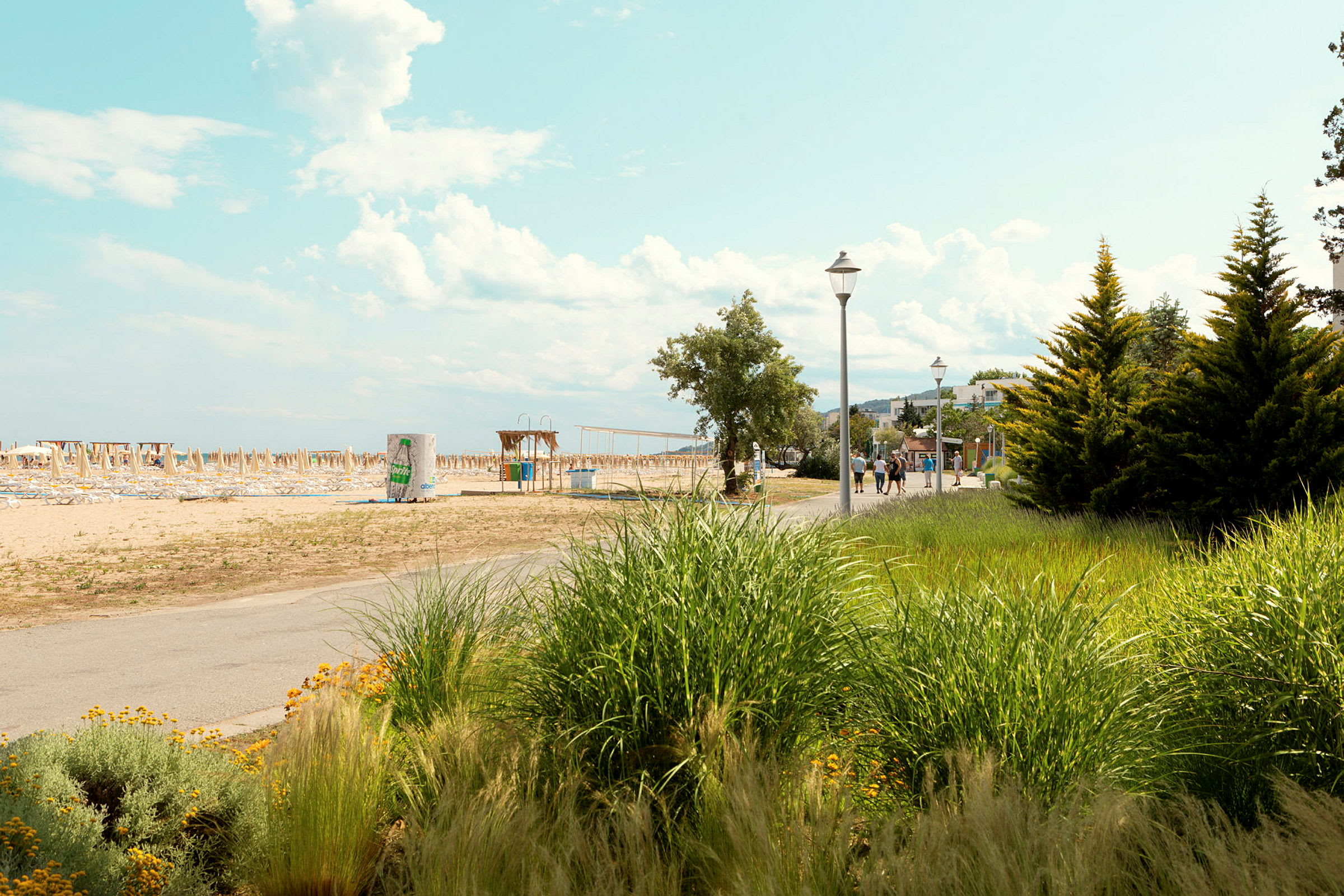 En strand med parasoller och solstolar, i förgrunden växtlighet och en gångväg. (AI-genererad text)