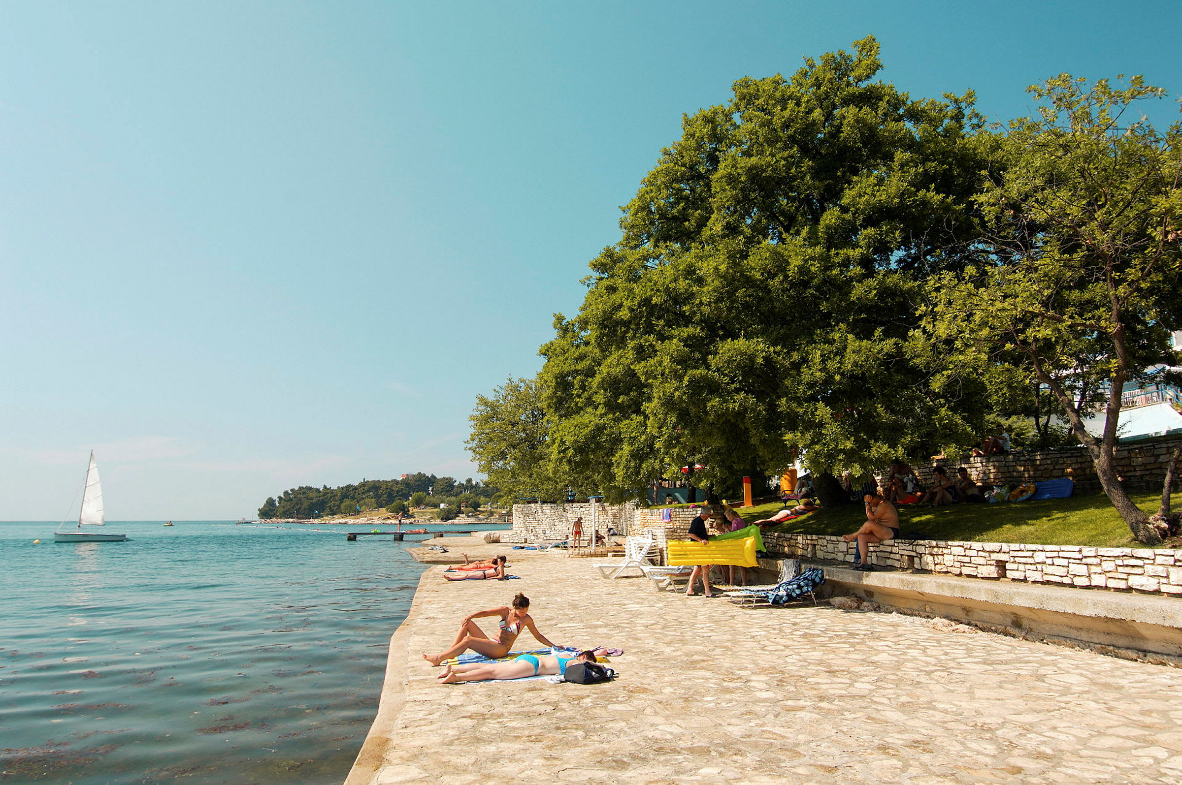 Personer som solar vid en stenlagd strand med träd i bakgrunden och segelbåt på havet. (AI-genererad text)