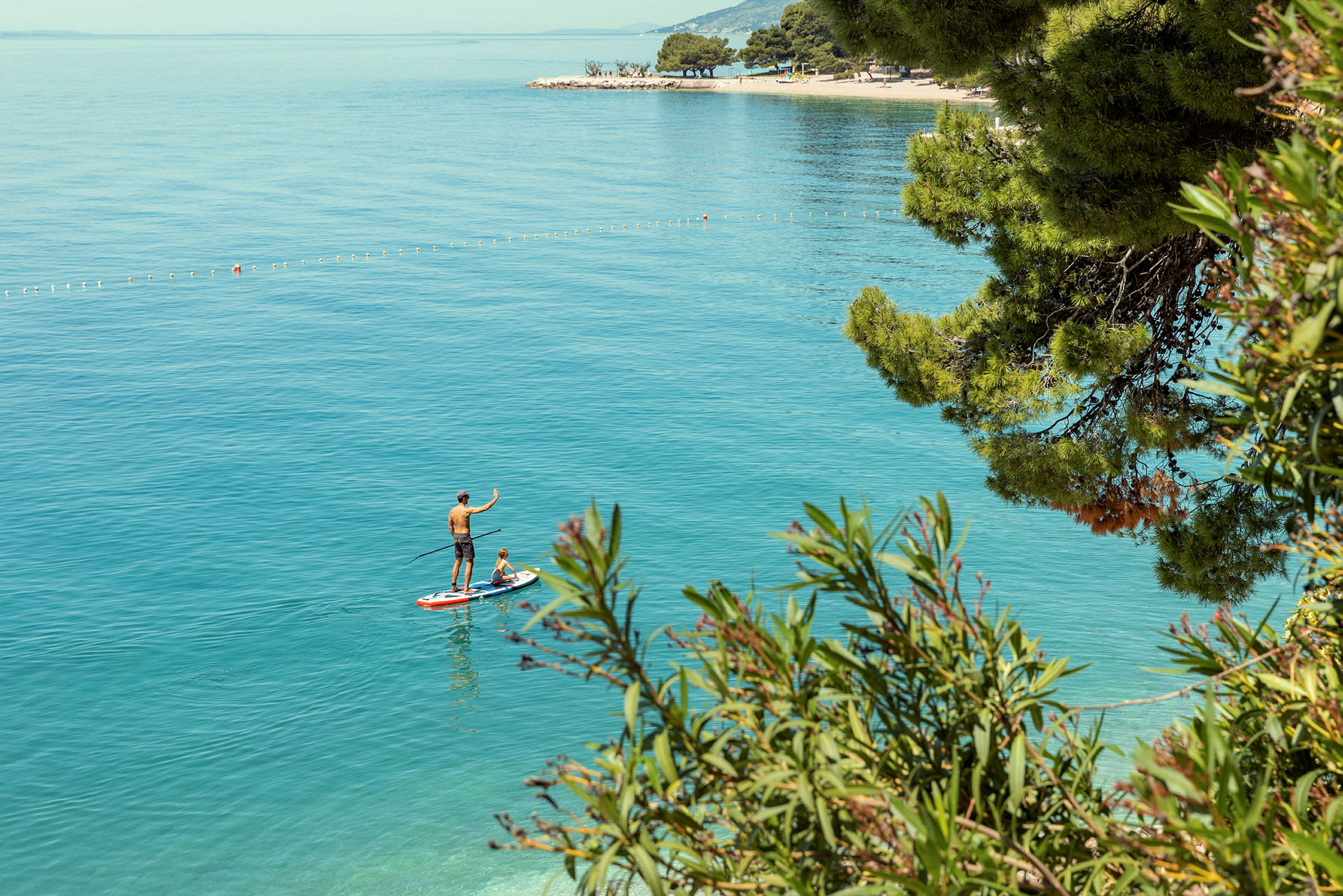 Två personer står på en paddleboard i klart vatten nära kust med träd. (AI-genererad text)