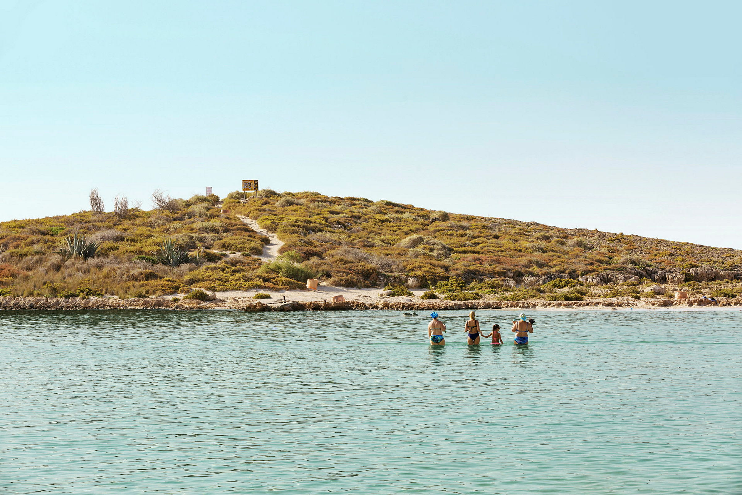 En grupp människor står i vatten nära en kulle med stigar och vegetation. (AI-genererad text)