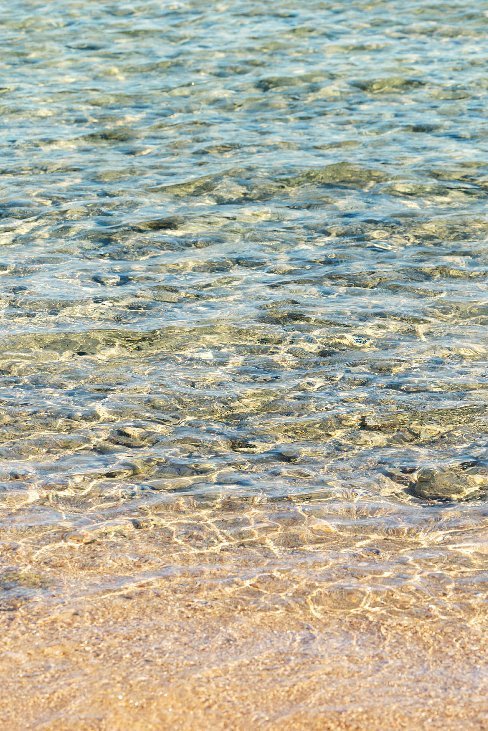 Kristallklart vatten vid en strand med sandbotten. (AI-genererad text)