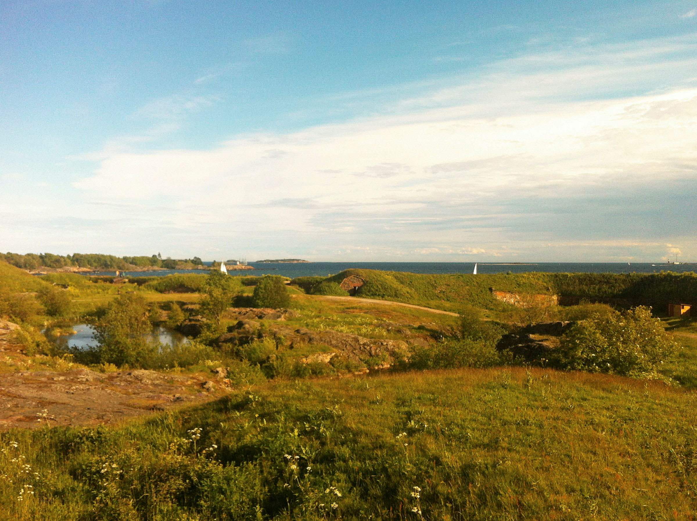 Grönskande landskap med havet i bakgrunden och segelbåtar på vattnet. (AI-genererad text)