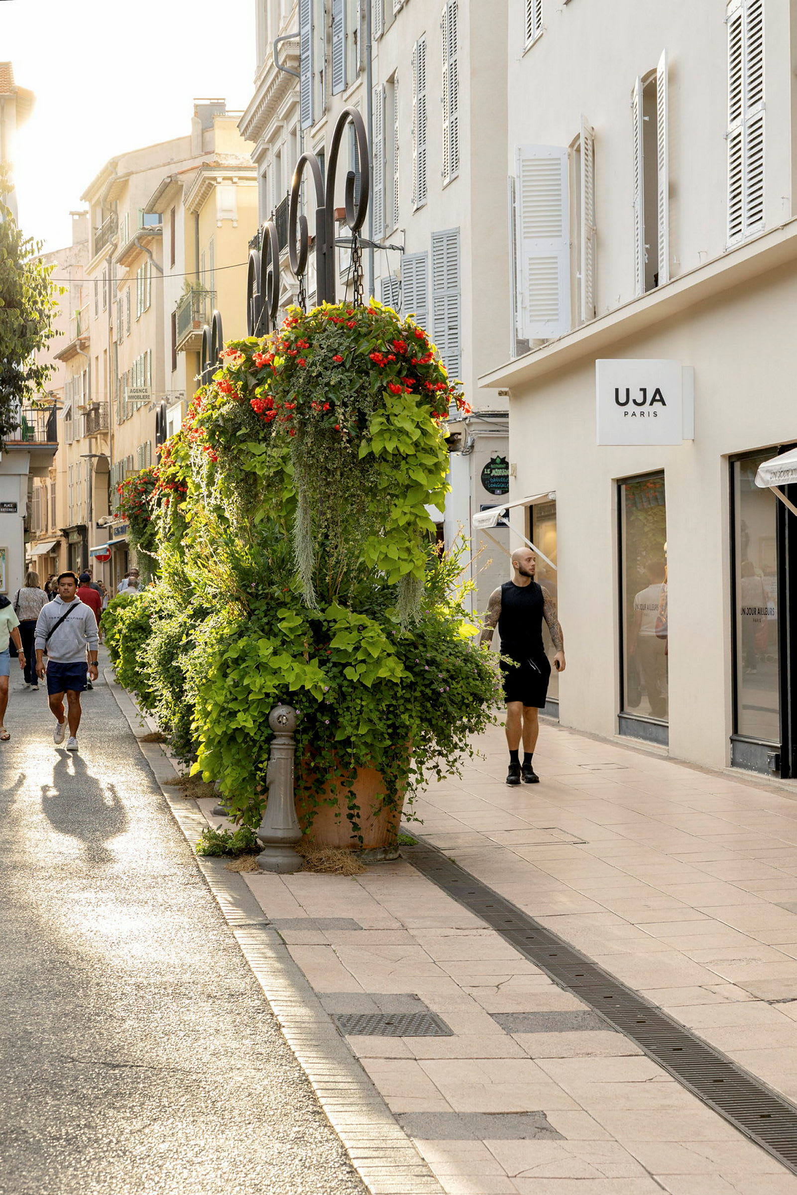 Bild av en gata med promenadstråk, byggnader och blomsterdekorationer. (AI-genererad text)