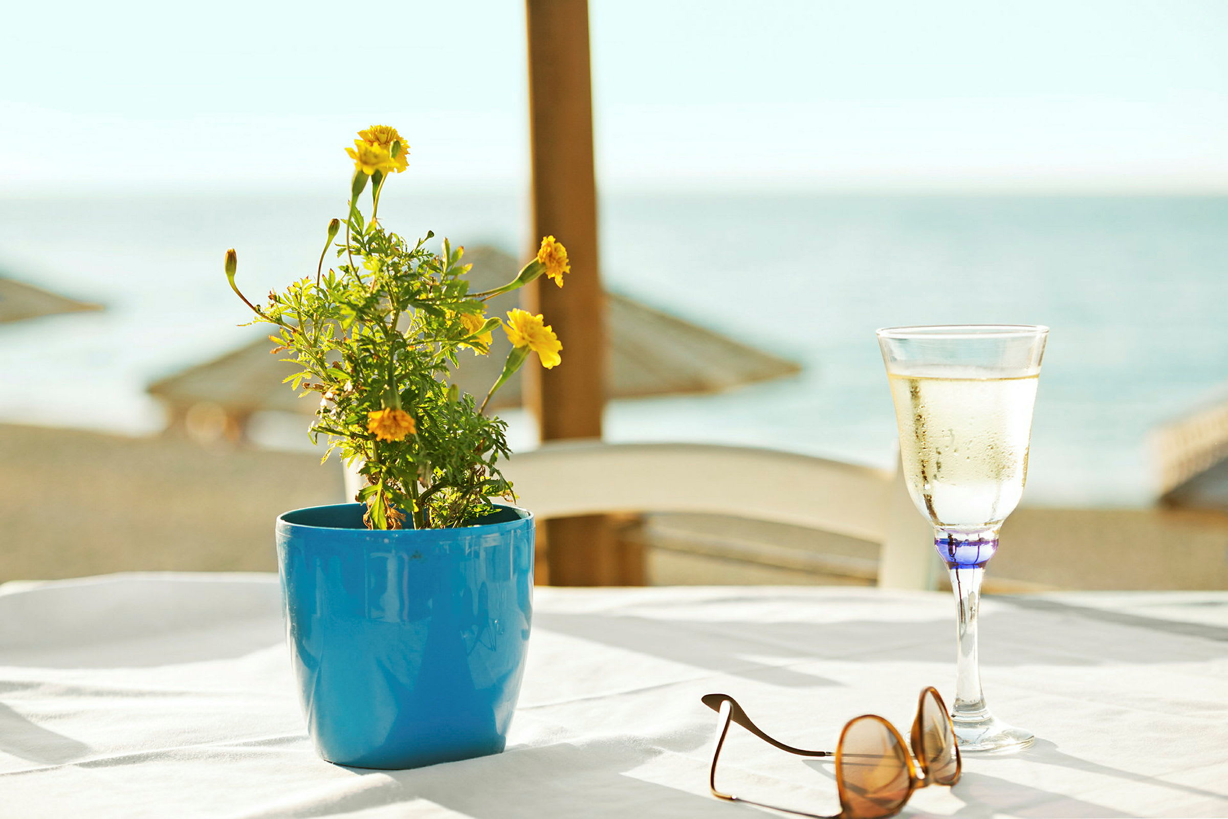 Blomkruka, vinglas och solglasögon på ett bord vid havet. (AI-genererad text)