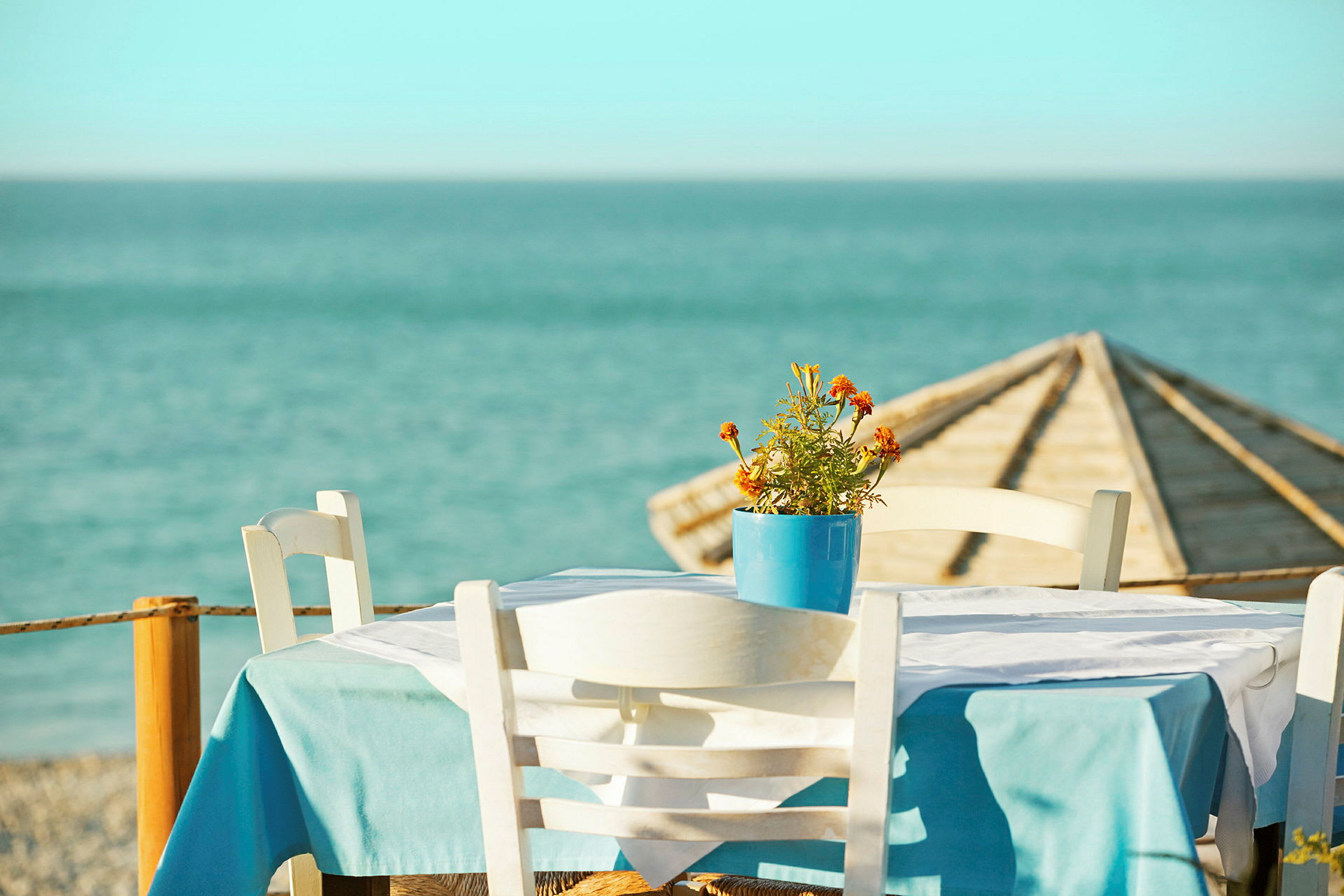 En borddukad utemöbel med en blomkruka med orange blommor, med havet och en parasoll i bakgrunden. (AI-genererad text)