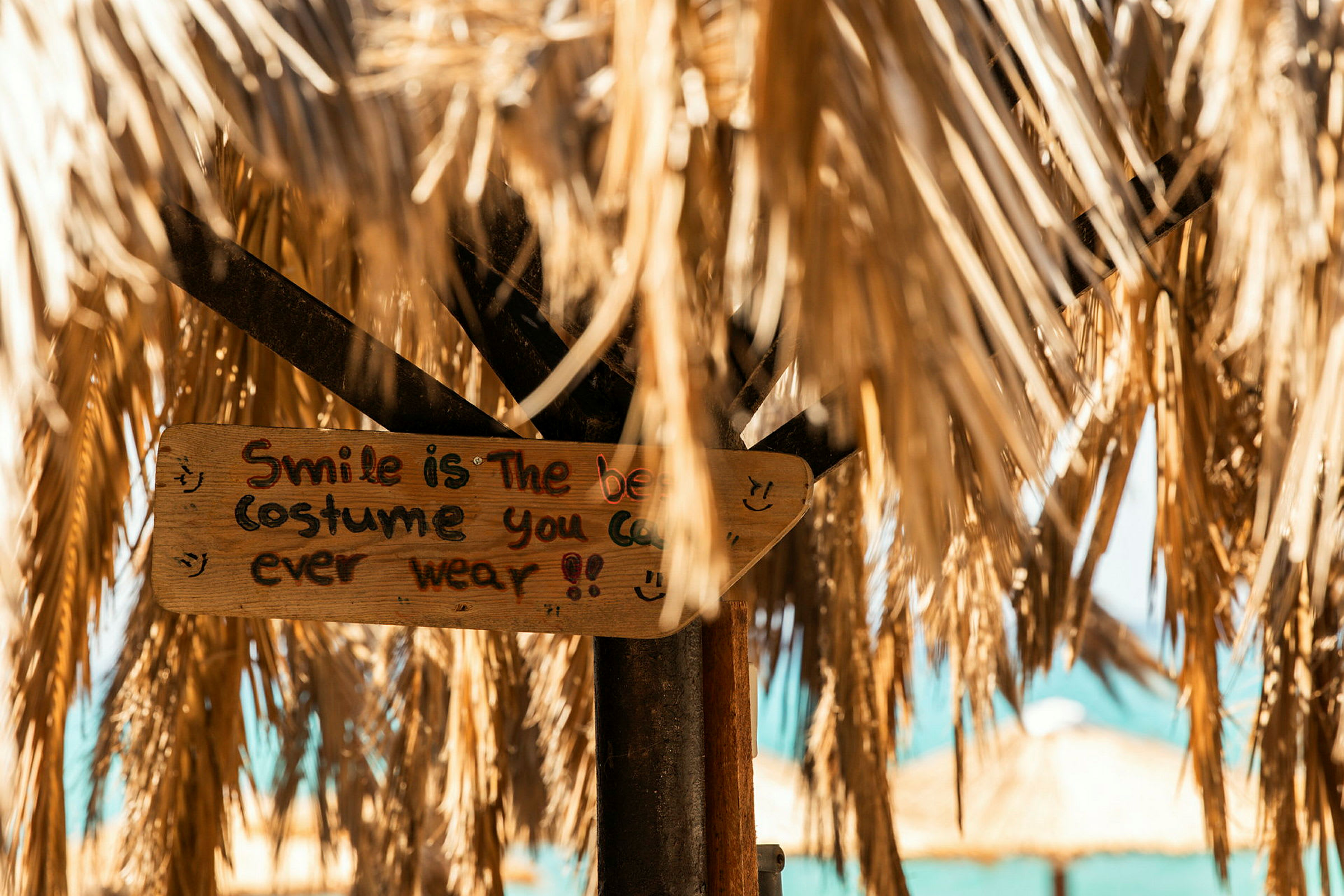 En närbild av en handmålad träskylt som hänger under torkade palmbladstak. Skylten har texten "Smile is the best costume you can ever wear!". (AI-genererad text)