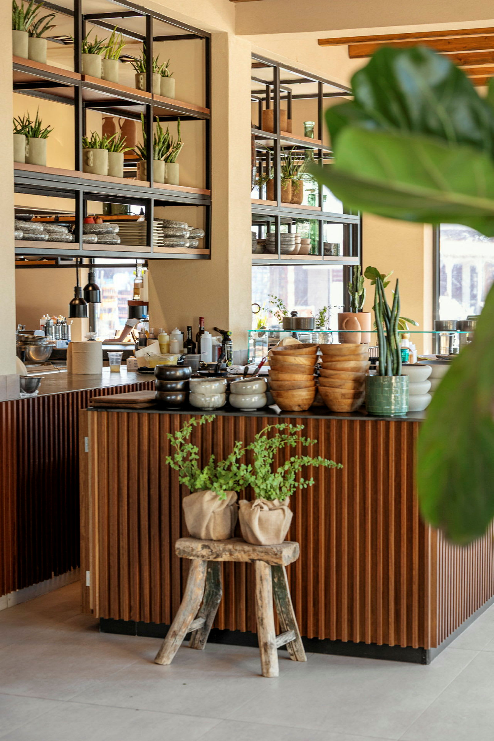 Ett modernt kafé med dekorativa växter och trädetaljer. (AI-genererad text)