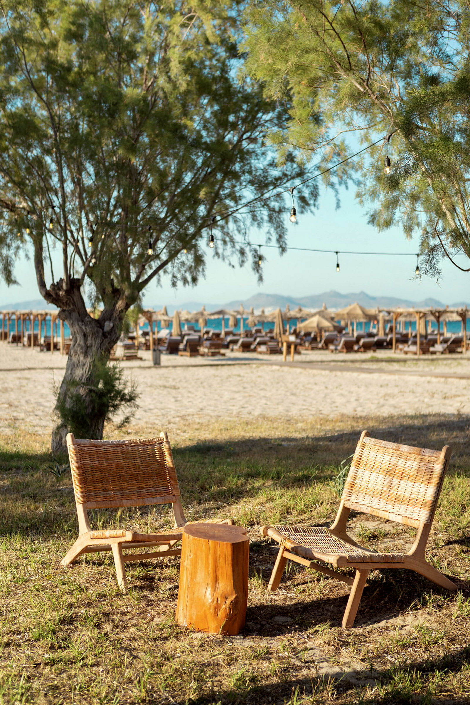Två rottingstolar och ett litet träbord står på gräs nära en strand med parasoller. (AI-genererad text)