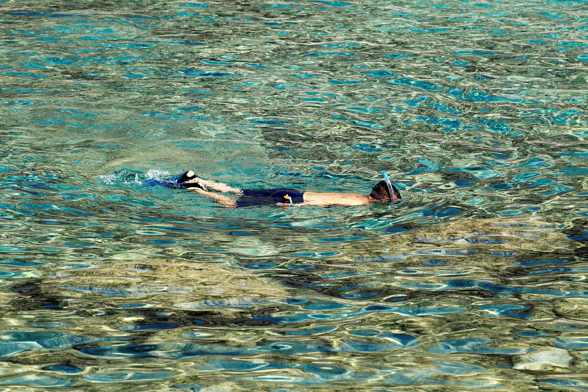 Person med snorkel simmar i klart vatten. (AI-genererad text)