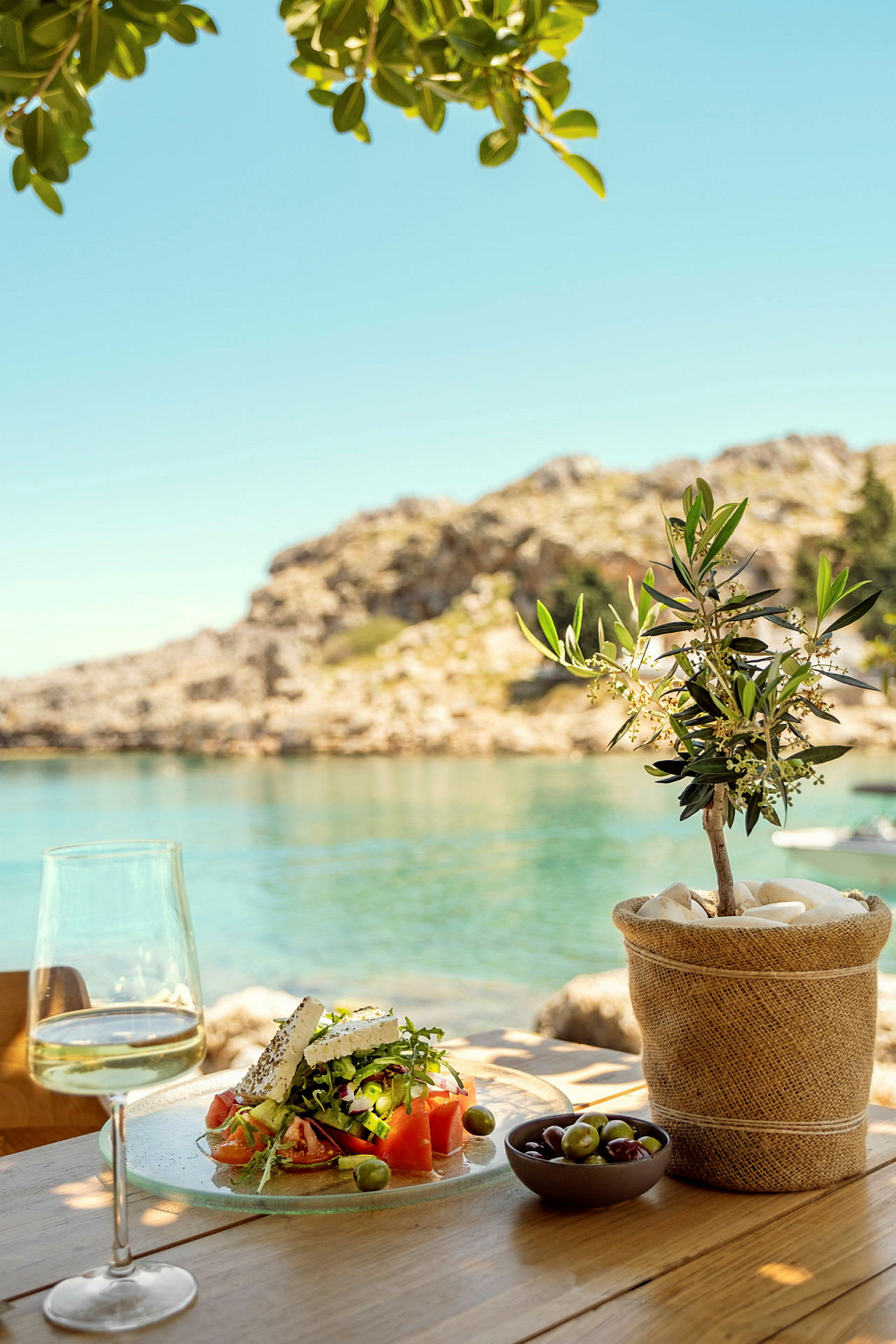 En lunch med grekisk sallad, ett glas vin och oliver vid havet. (AI-genererad text)