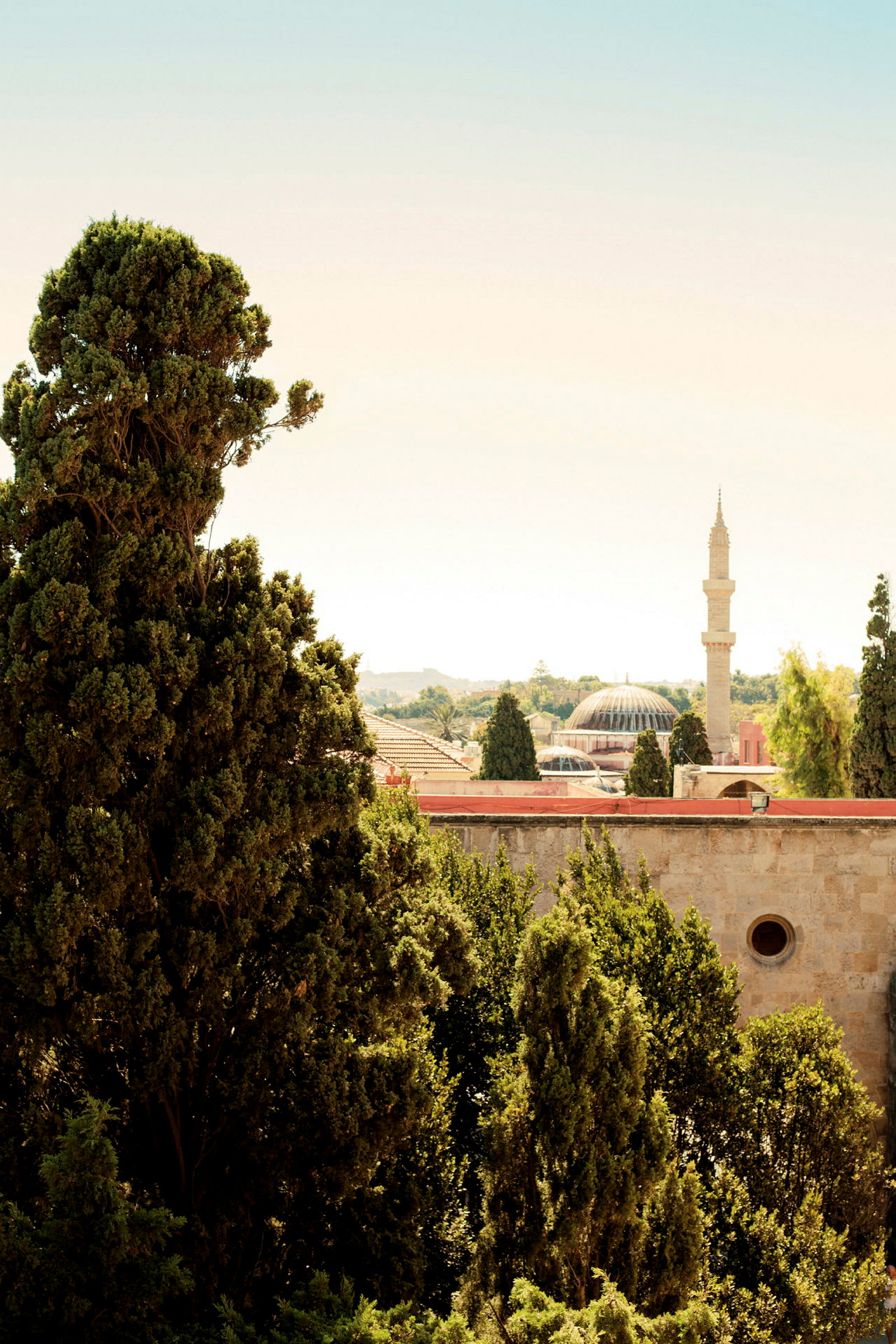 Vy över träd och en byggnad med kupol och minaret. (AI-genererad text)