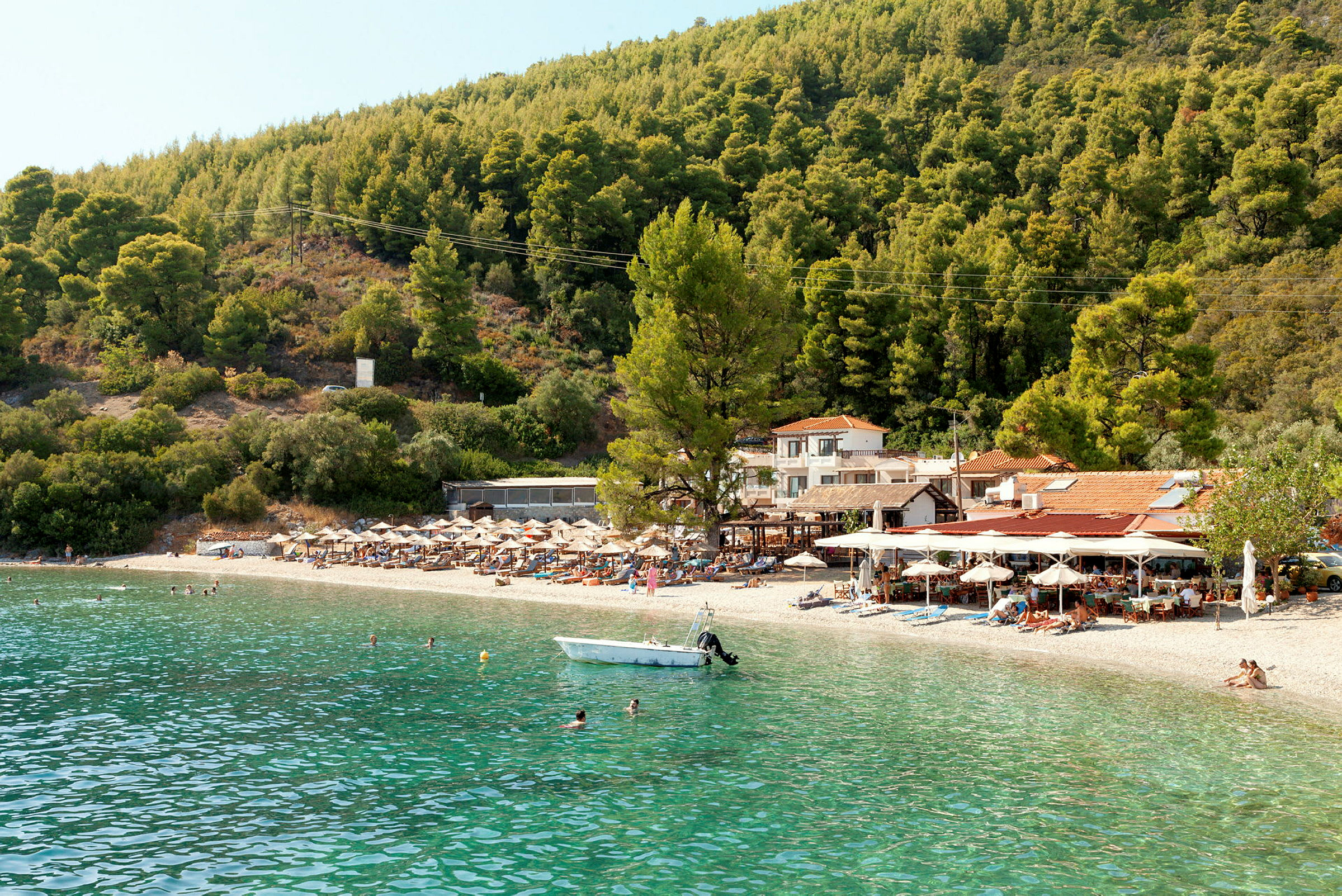 En strand med klart vatten, omgiven av grönskande träd och med en taverna nära vattnet. (AI-genererad text)