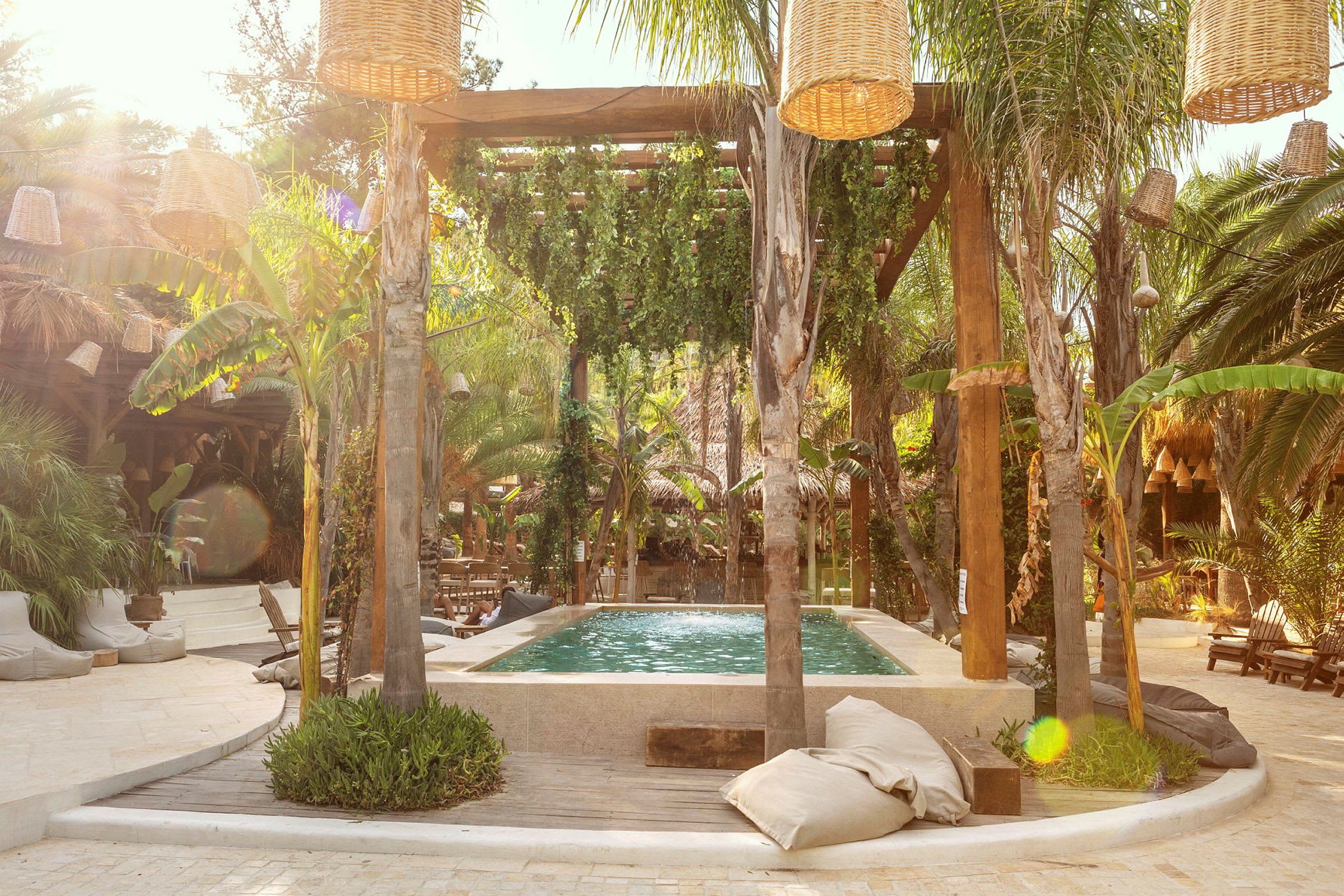 En mindre pool vid en terrass omgiven av palmer och kaffefärgade detaljer. (AI-genererad text)