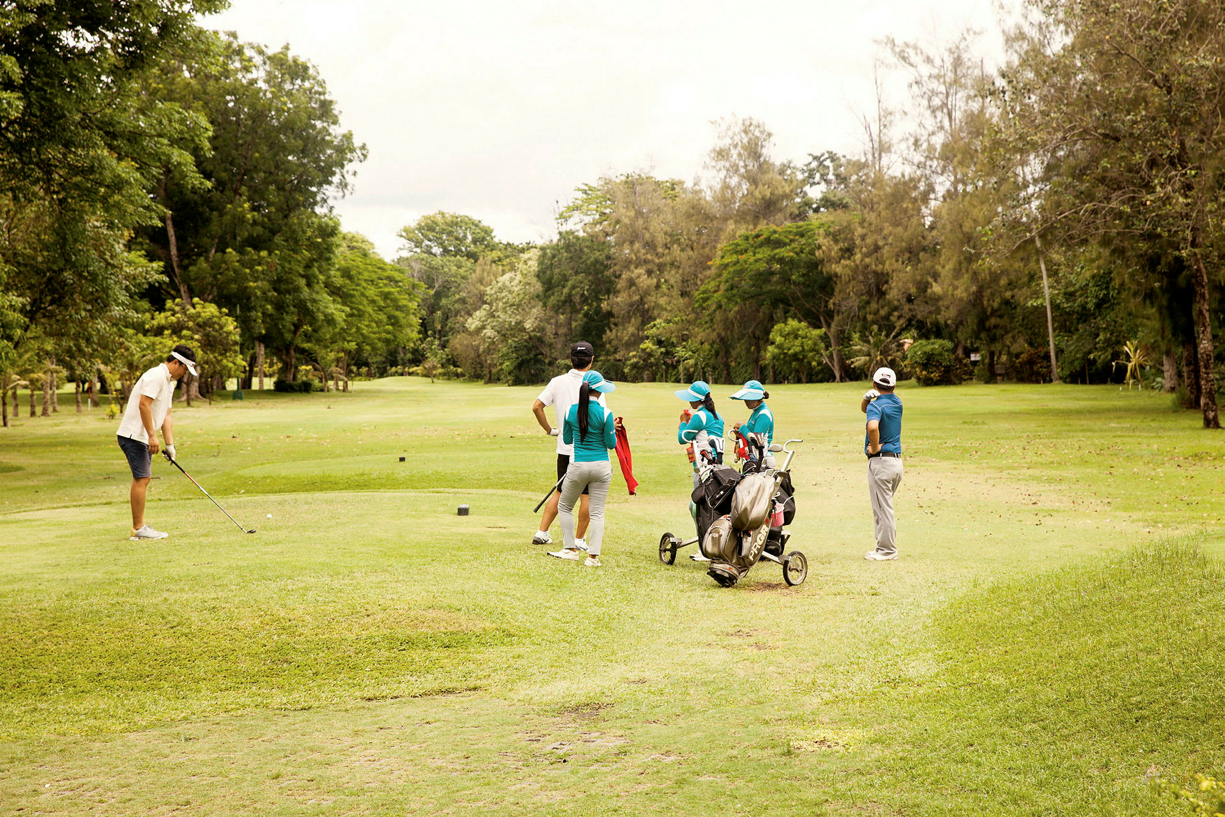 En grupp människor på en grön golfbana, några håller i golfklubbor. (AI-genererad text)