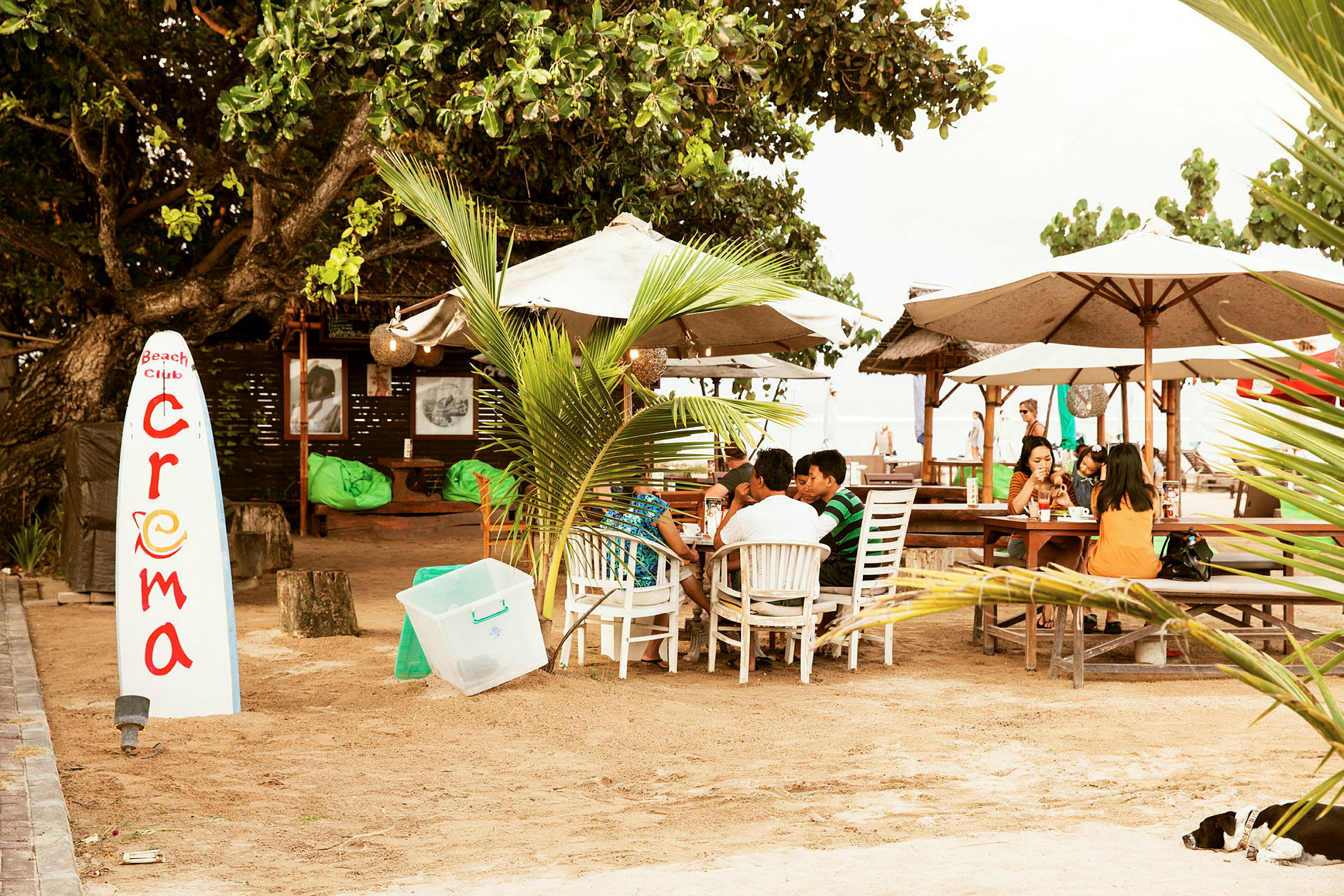 En strandklubb med sittgrupper, parasoller och dekorationer bland träd och vegetationen. (AI-genererad text)
