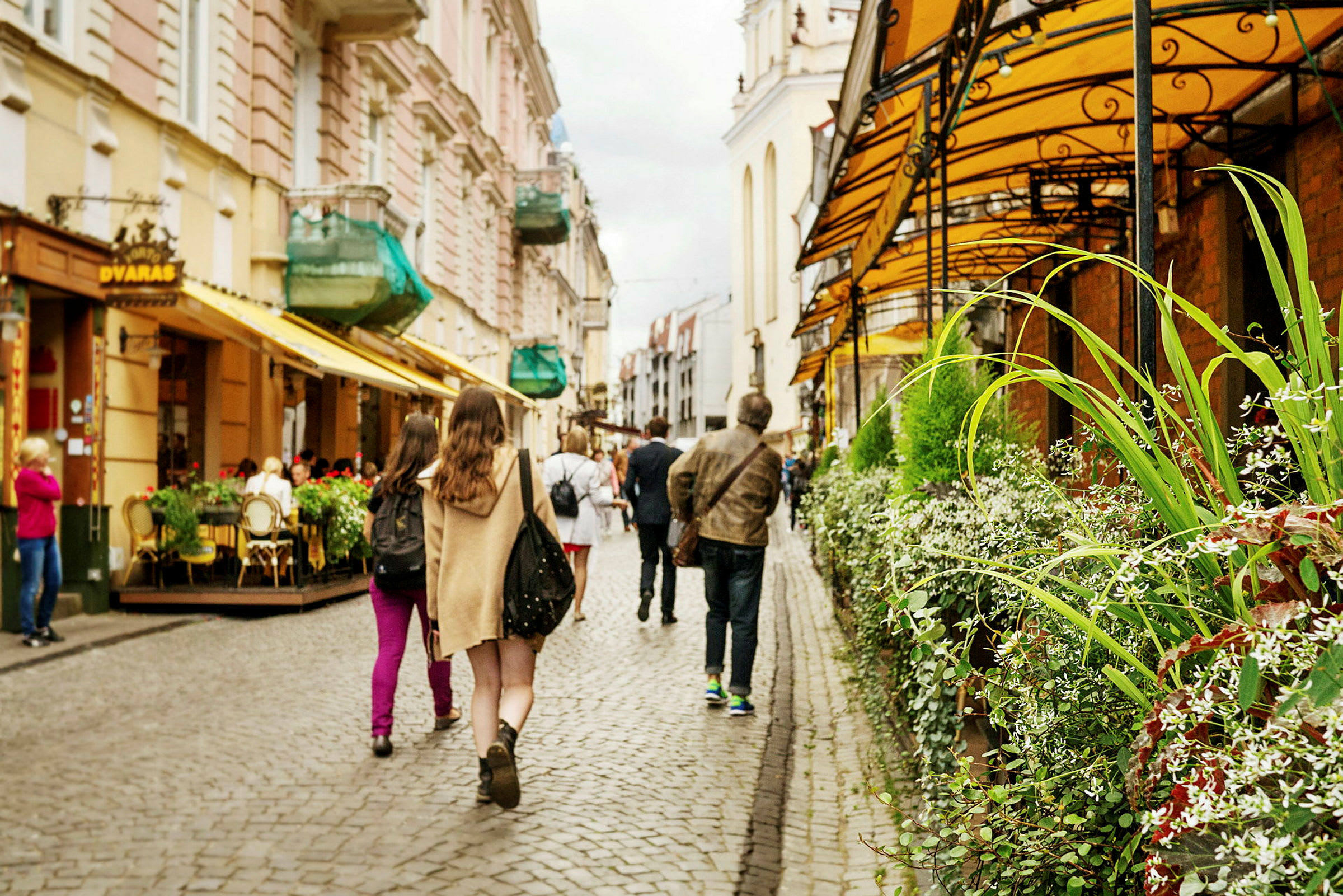 En kullerstensgata med människor som promenerar förbi uteserveringar och grönska. (AI-genererad text)