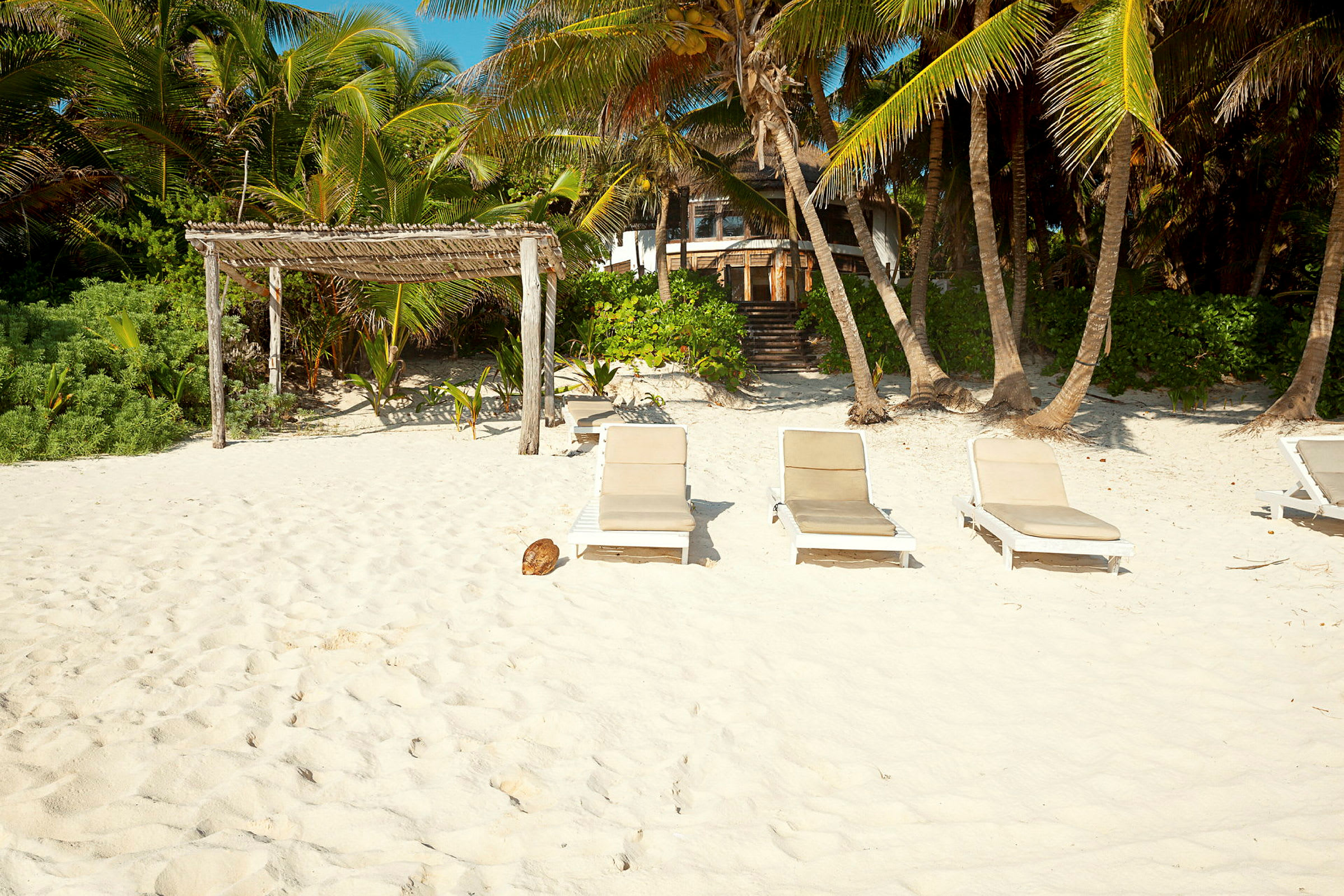 Strand med solstolar på vit sand intill gröna palmer och vegetation. (AI-genererad text)
