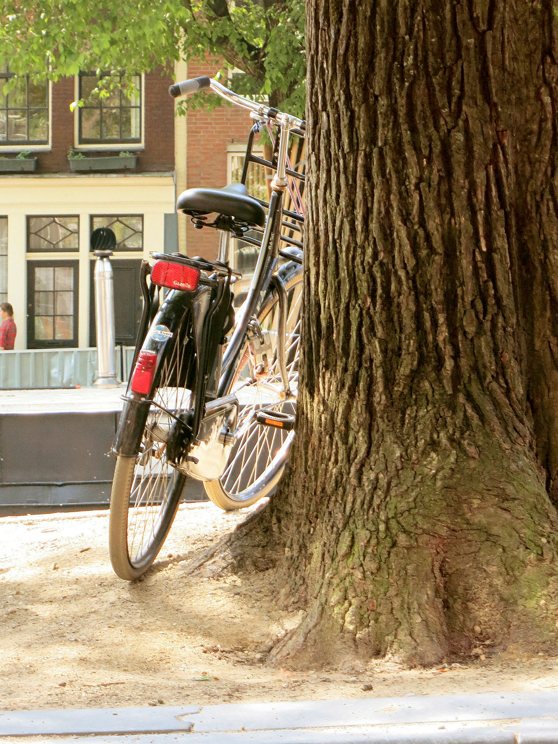 En cykel står lutad mot ett träd på en stadsgata. (AI-genererad text)