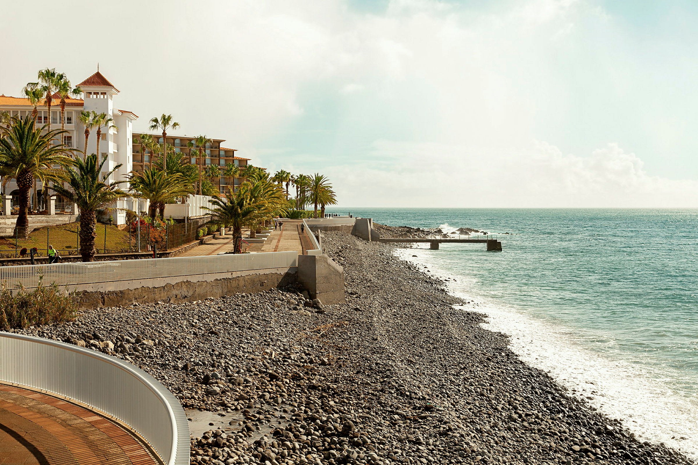 Kust med stenstrand, havet och byggnader med palmträd längs strandpromenaden. (AI-genererad text)