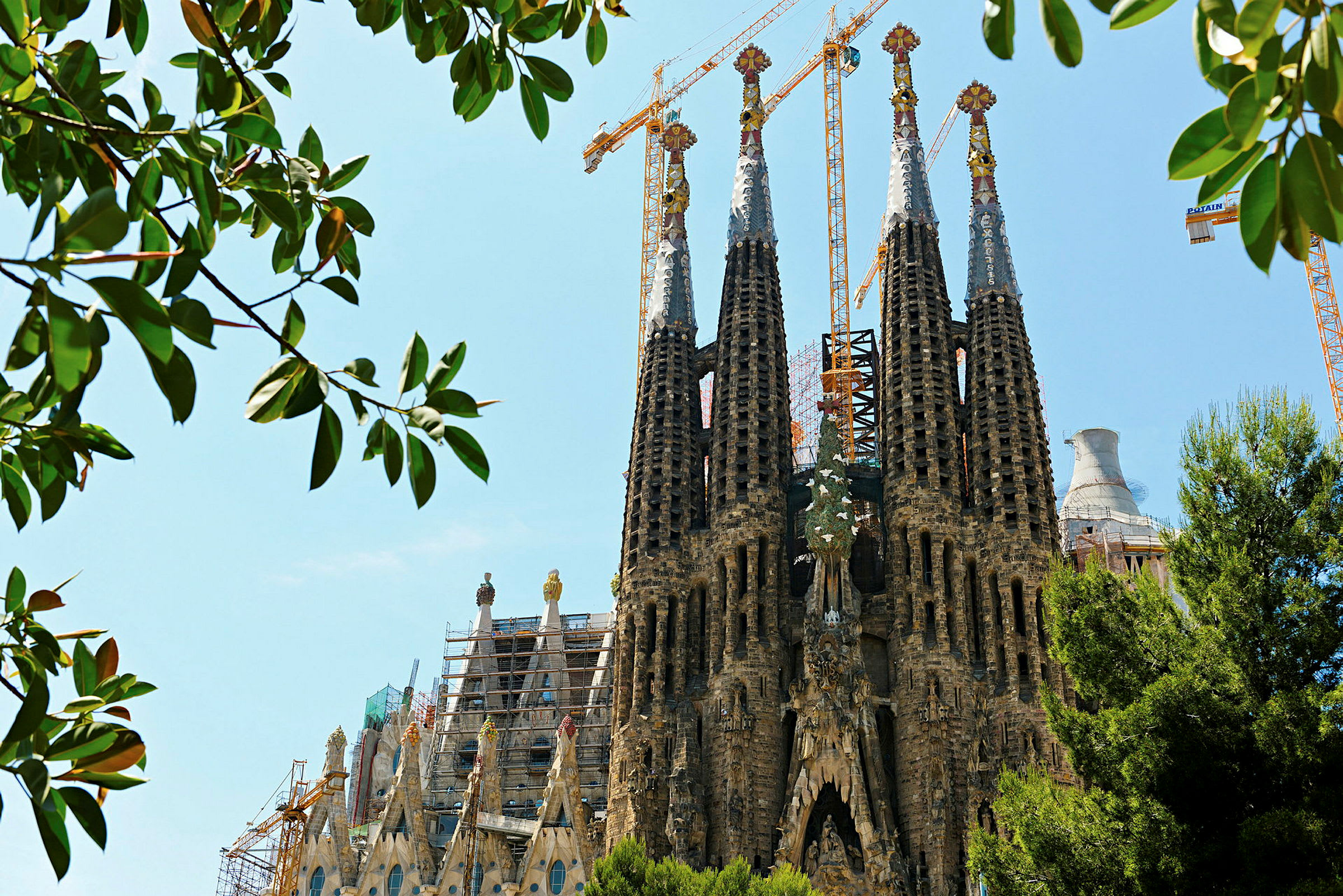 Bild av Sagrada Familia i Spanien, med tornen synliga genom trädgrenar. (AI-genererad text)