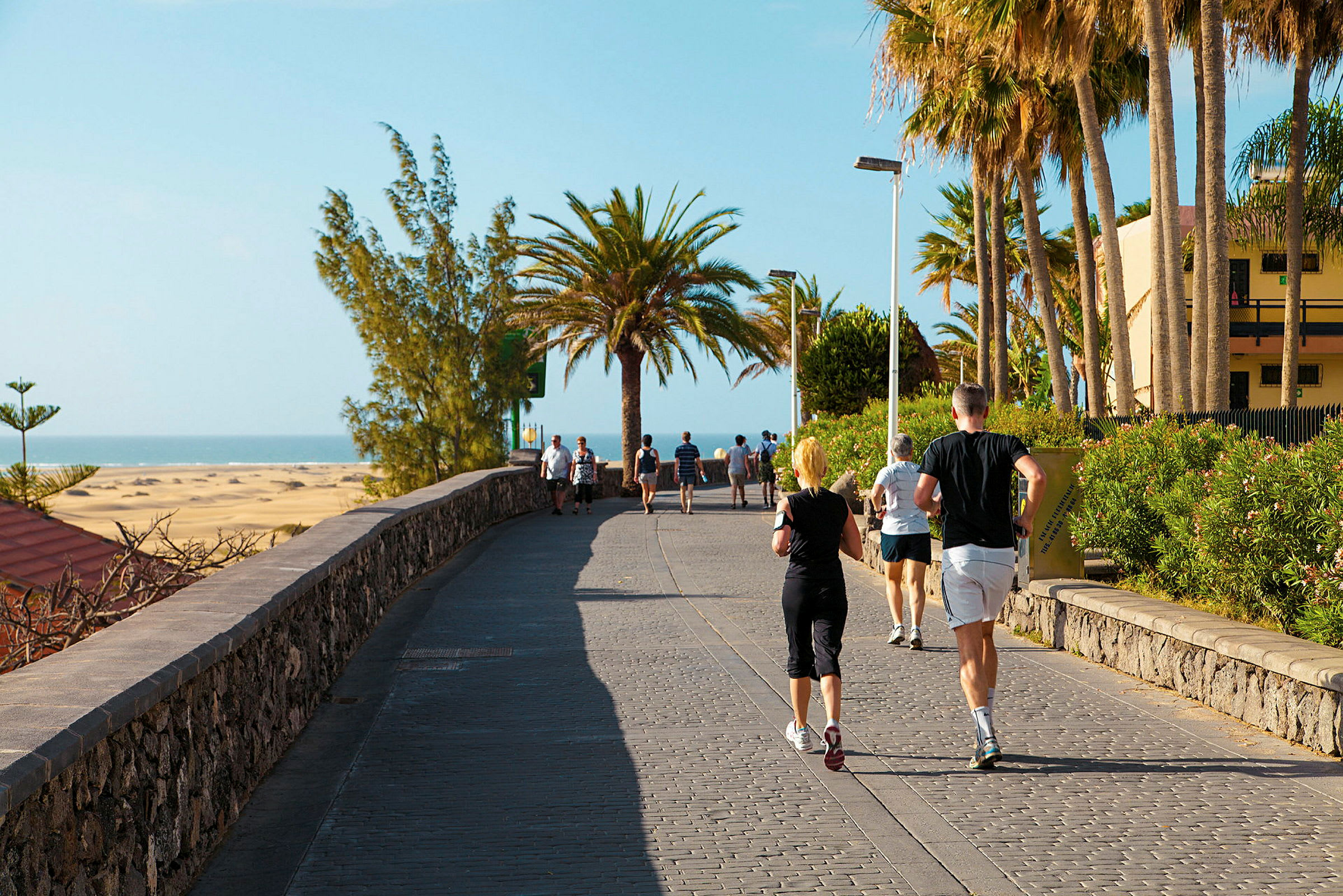 Personer som promenerar och joggar på en gångväg vid stranden. (AI-genererad text)