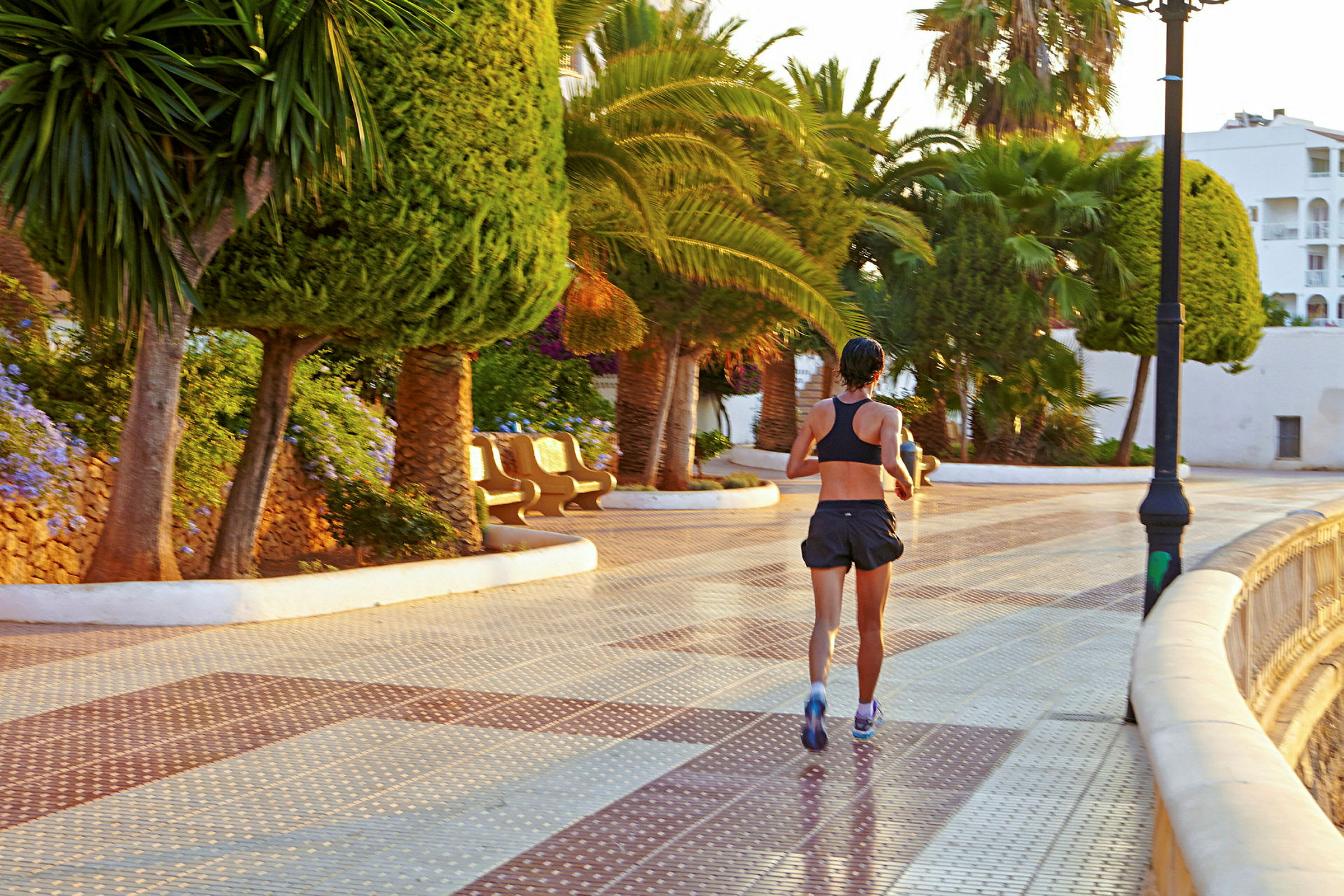 En person joggar på en gångväg kantad av palmer och grönska. (AI-genererad text)
