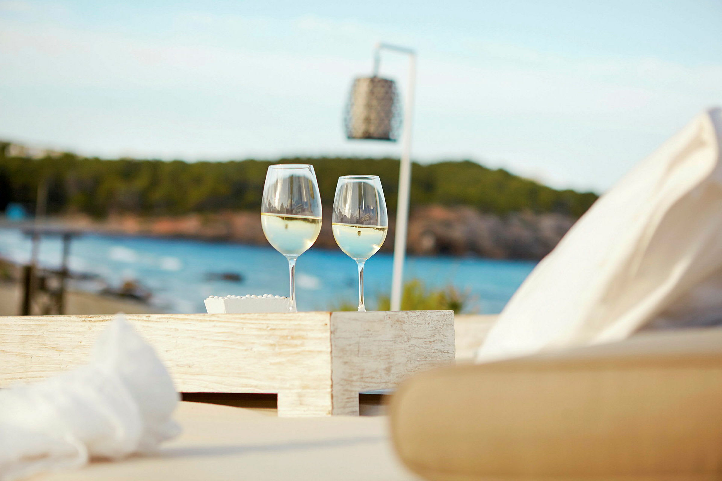 Två vinglas med vitt vin på en träbricka vid stranden, med havet och grönska i bakgrunden. (AI-genererad text)