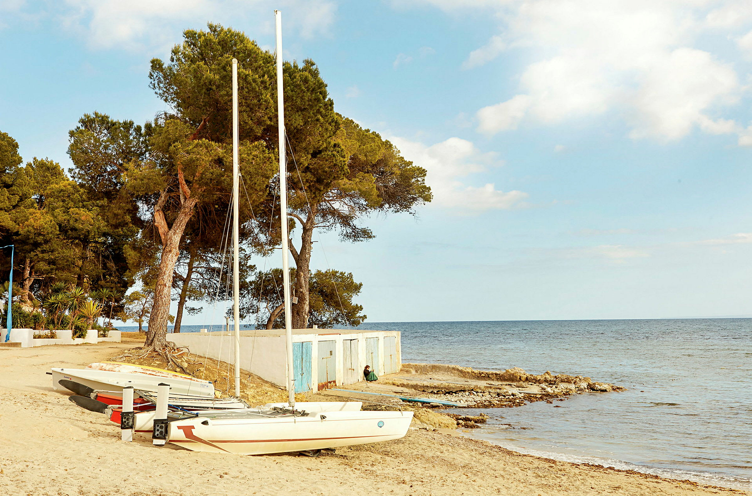 Strand med segelbåtar och tallar i bakgrunden. (AI-genererad text)