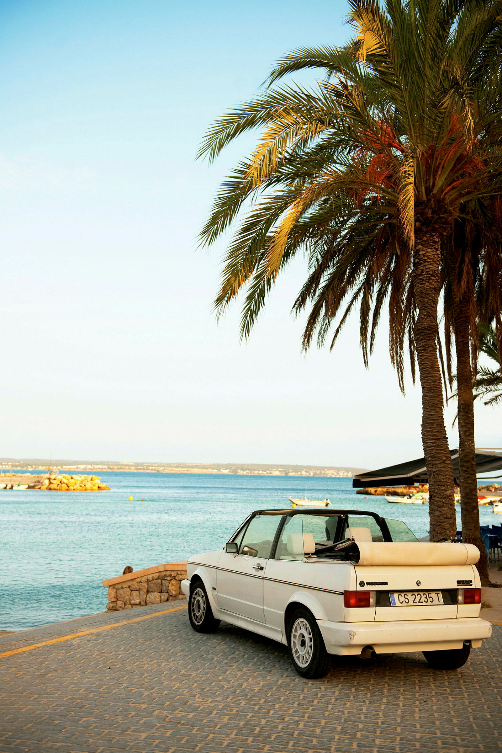 En vit cabriolet parkerad vid havet med palmer i förgrunden. (AI-genererad text)
