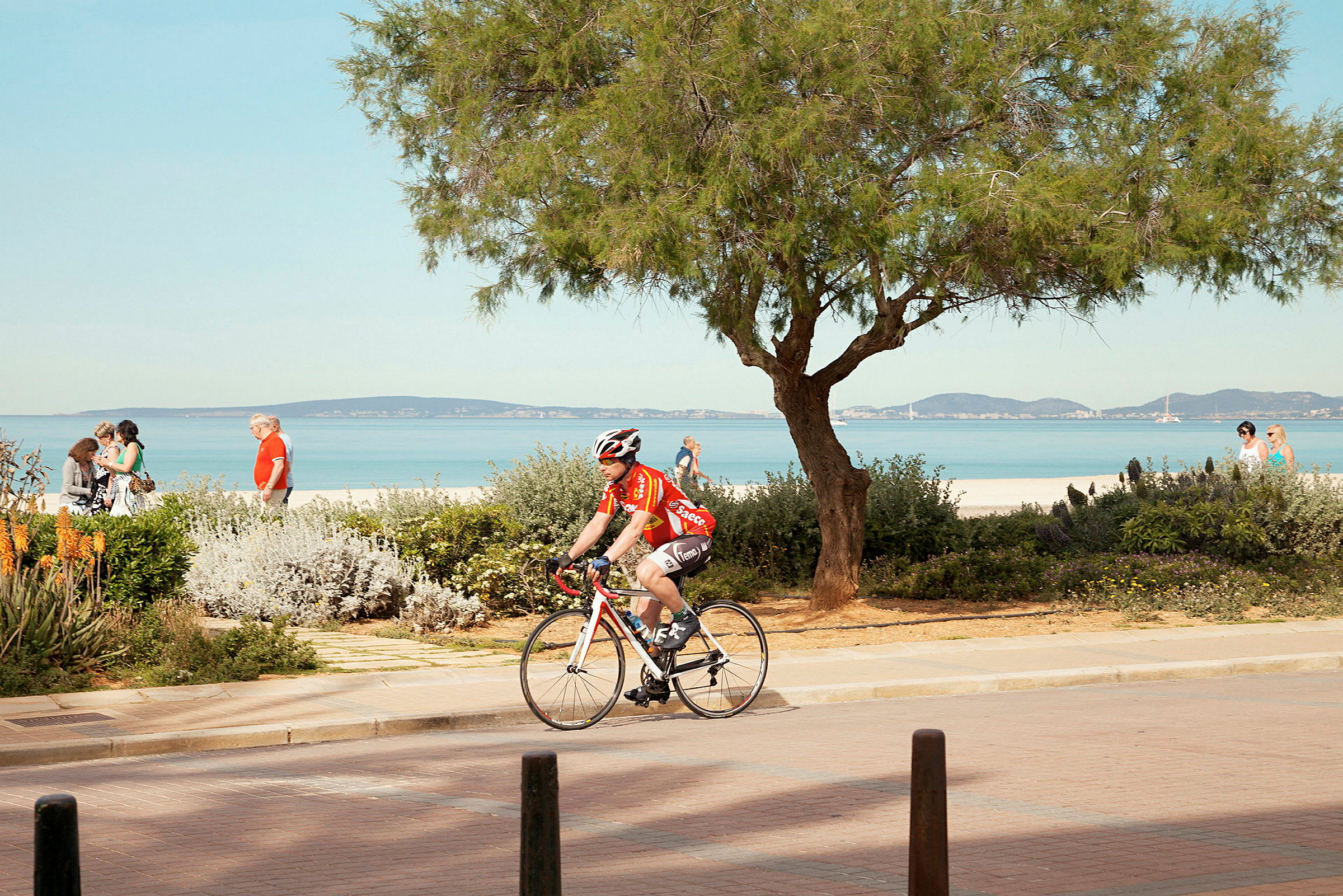 Cyklist på en väg nära stranden med havet i bakgrunden. (AI-genererad text)