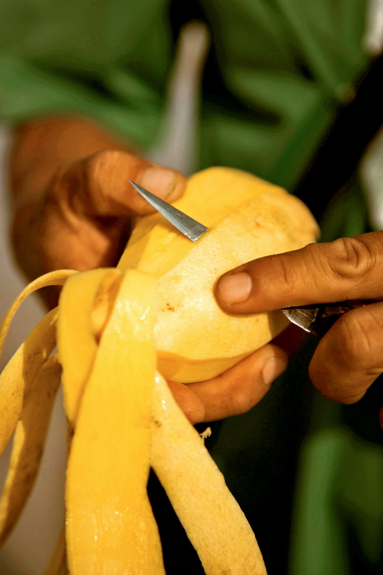 En hand skalar en mango med en liten kniv. (AI-genererad text)