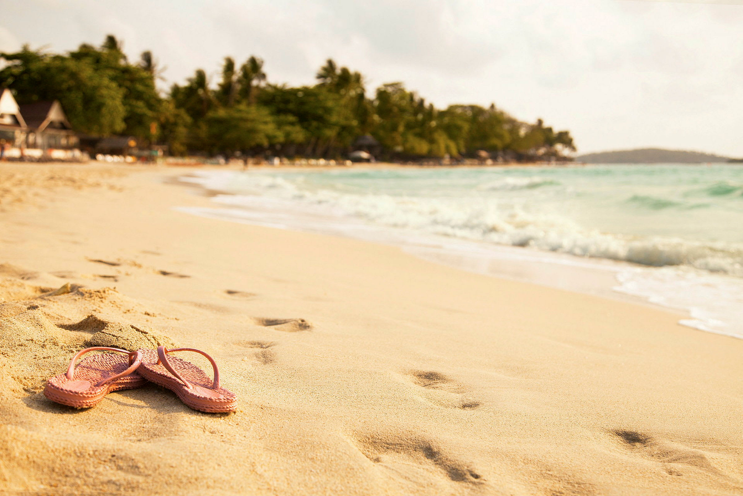 Ett par rosa sandaler på en sandig strand med havet och grönska i bakgrunden. (AI-genererad text)