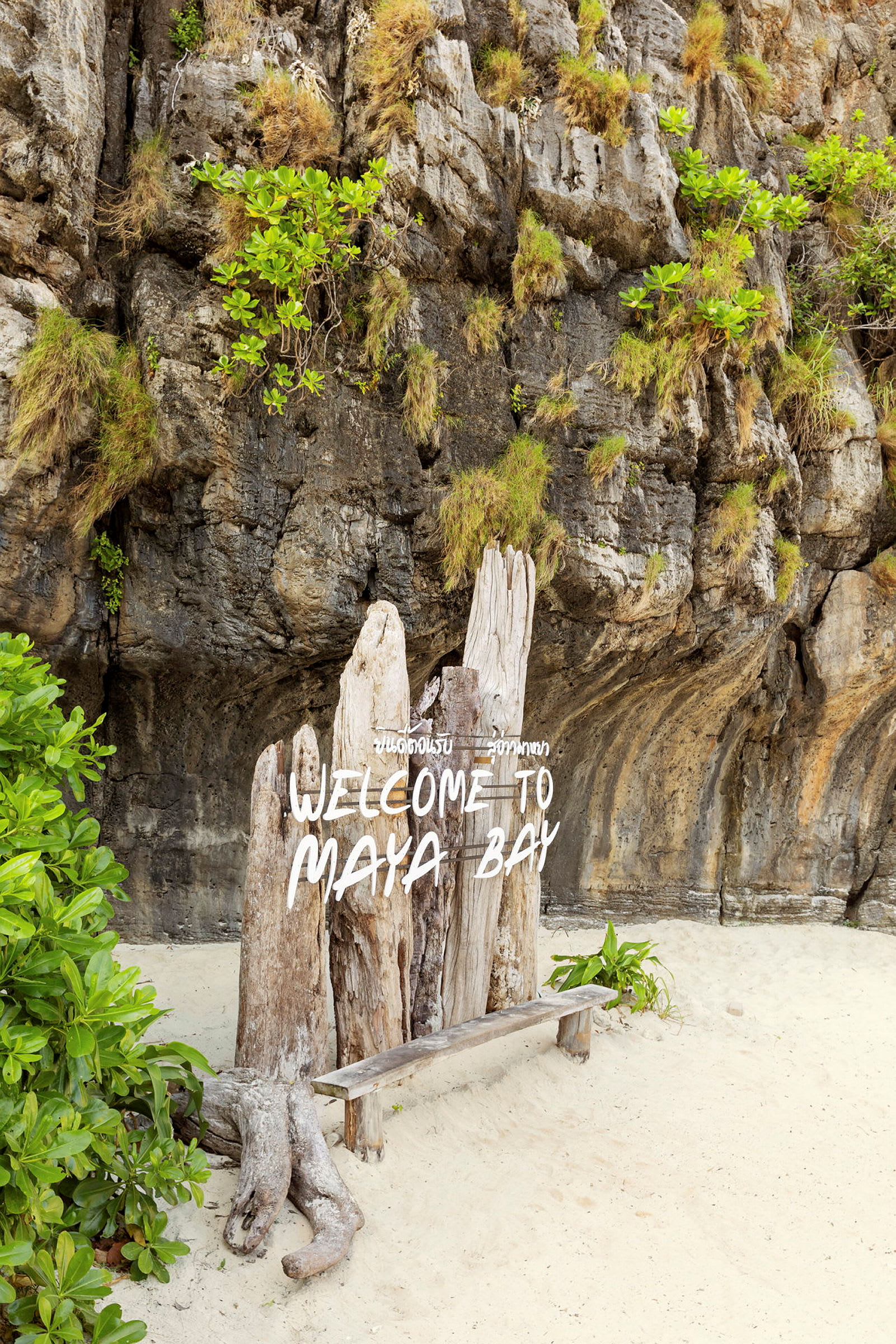 Skylt med texten 'Welcome to Maya Bay' framför en klippvägg och en sandstrand. (AI-genererad text)