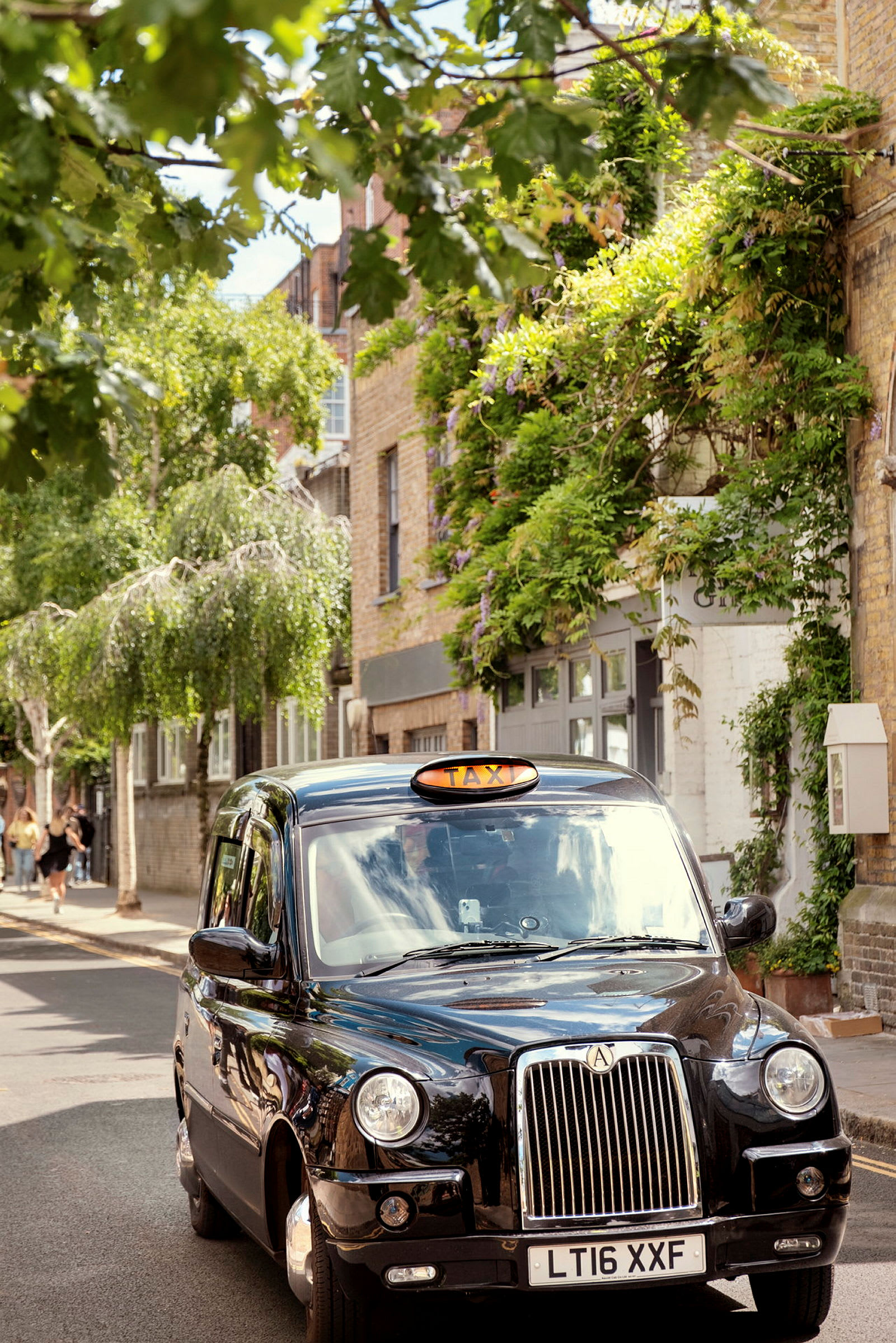 En svart taxi står på en gata omgiven av grönska. (AI-genererad text)