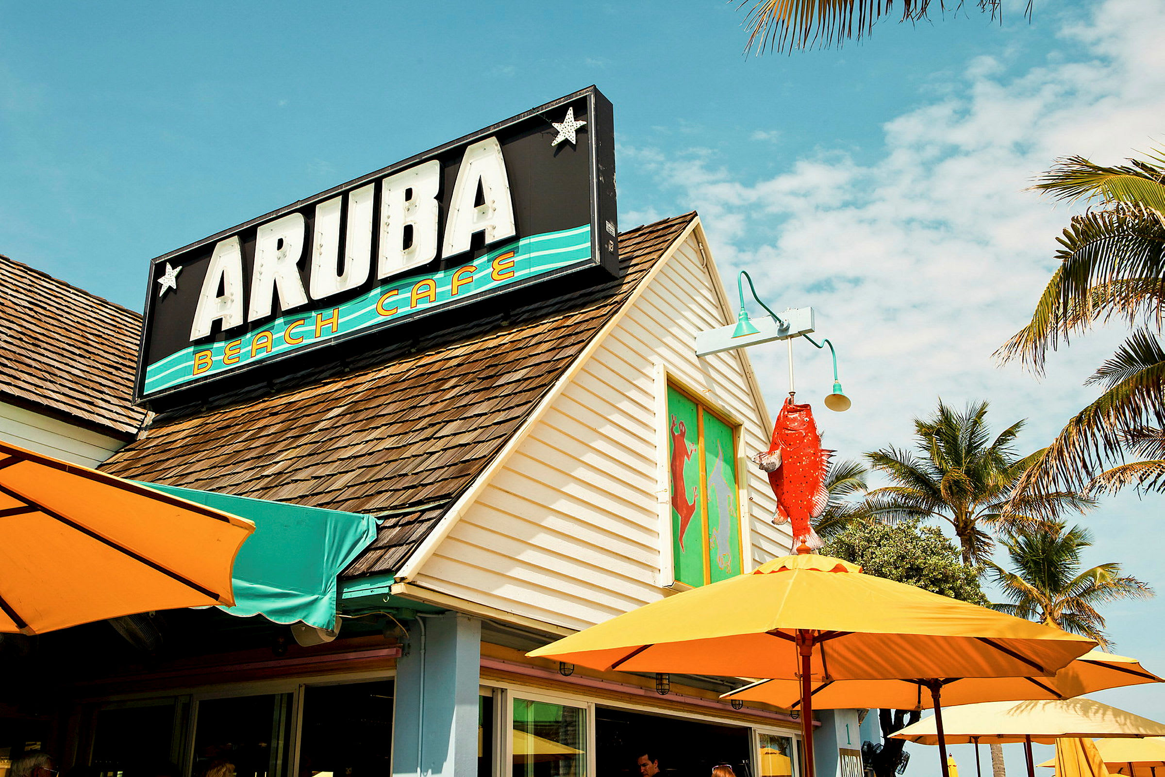 Byggnad med en skylt som lyder "Aruba Beach Cafe" och tak med bruna takpannor. Färgade parasoller och palmer syns runt caféet. (AI-genererad text)