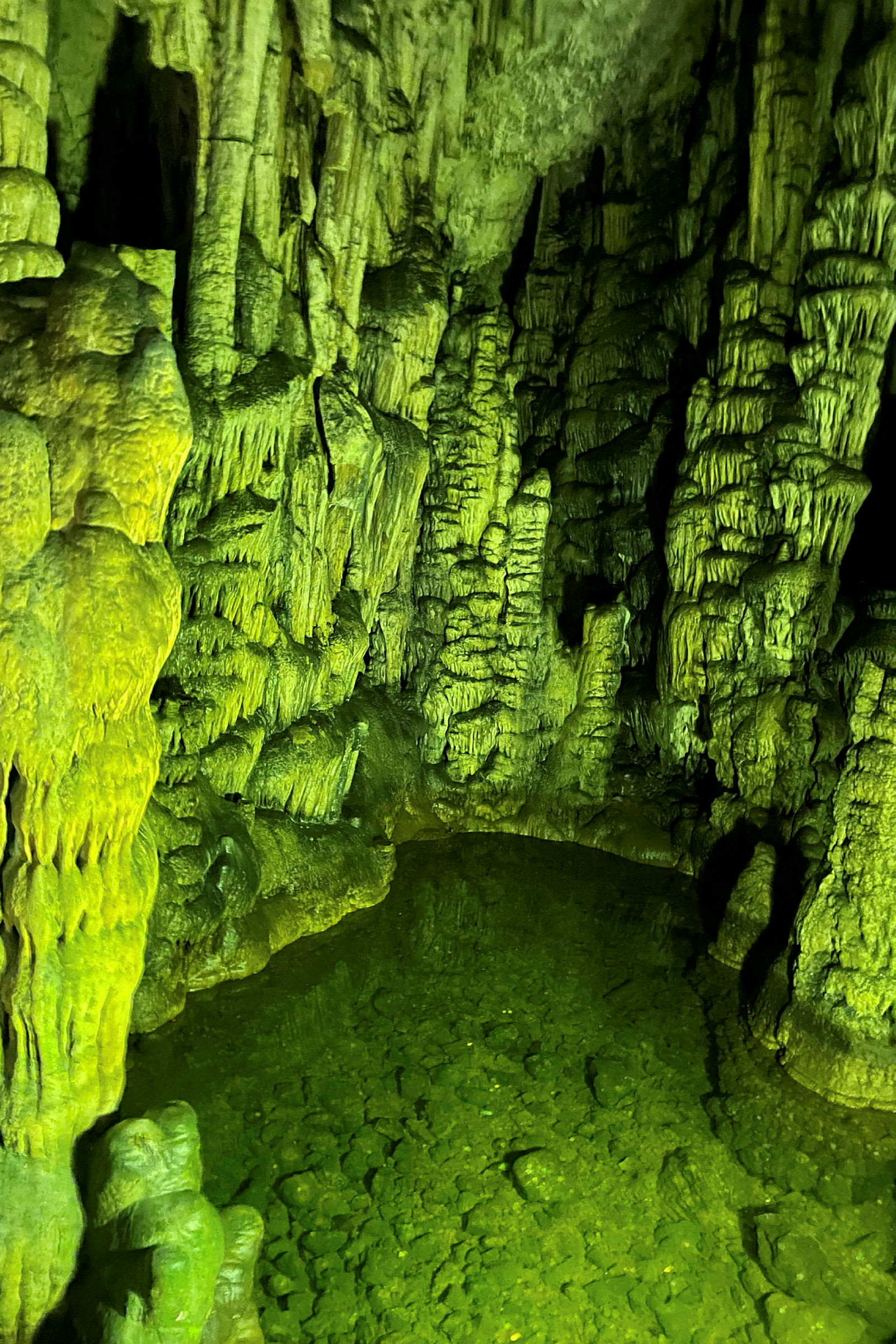 En grotta med stalaktiter och stalagmiter, grönt vatten och upplysta stenformationer. (AI-genererad text)