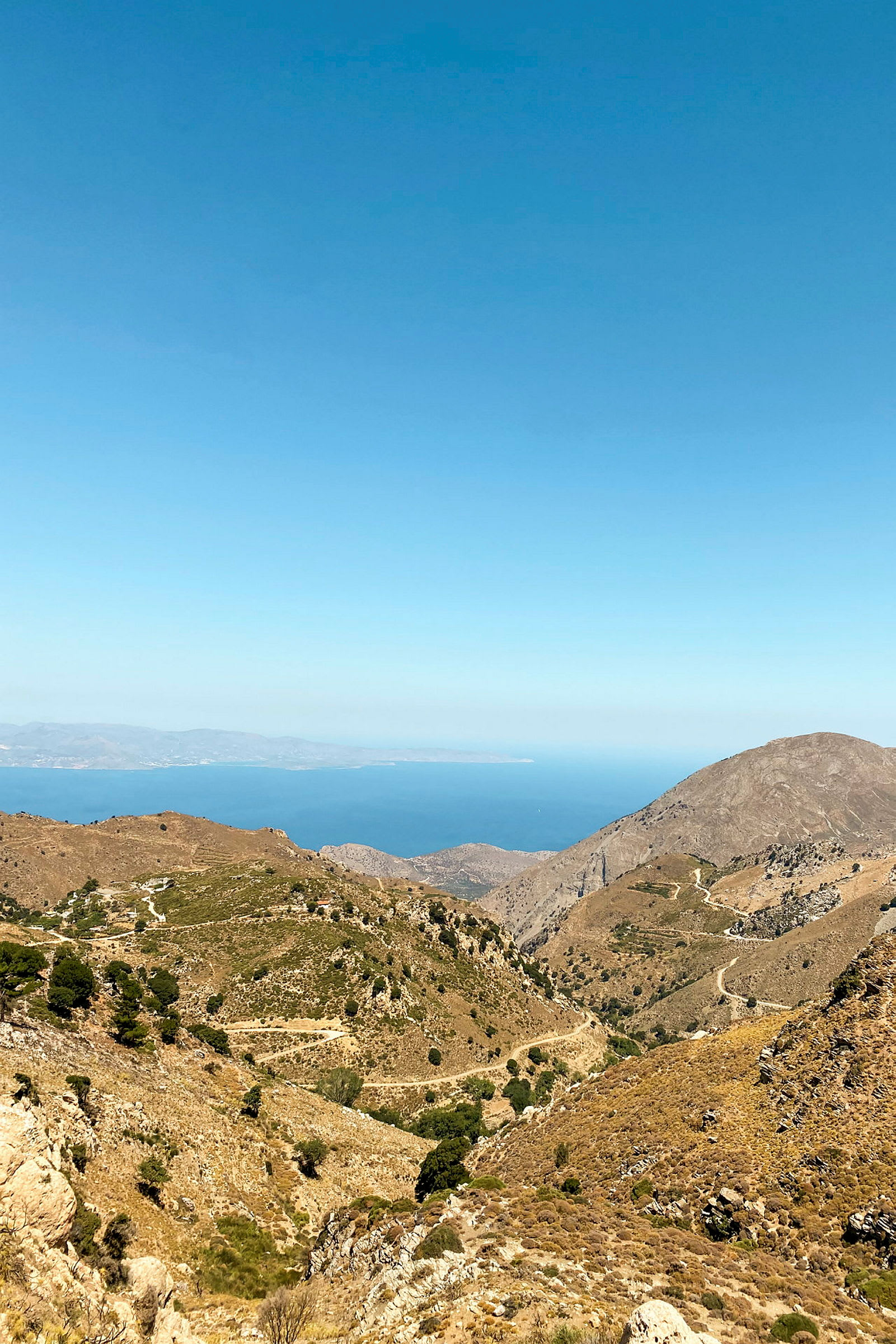 En bergig region med stigar och grönskande buskar samt en klar blå himmel i bakgrunden. (AI-genererad text)