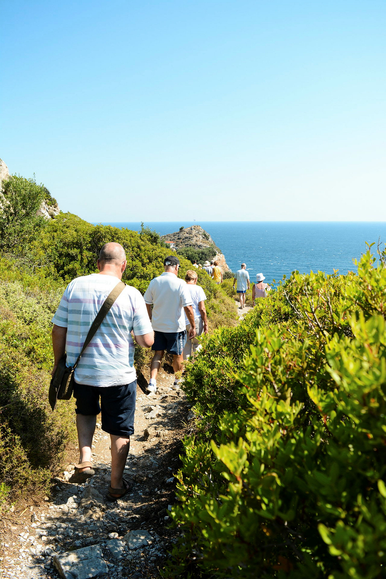En grupp personer går längs en smal stig omgiven av grön vegetation, med havet synligt i bakgrunden. (AI-genererad text)