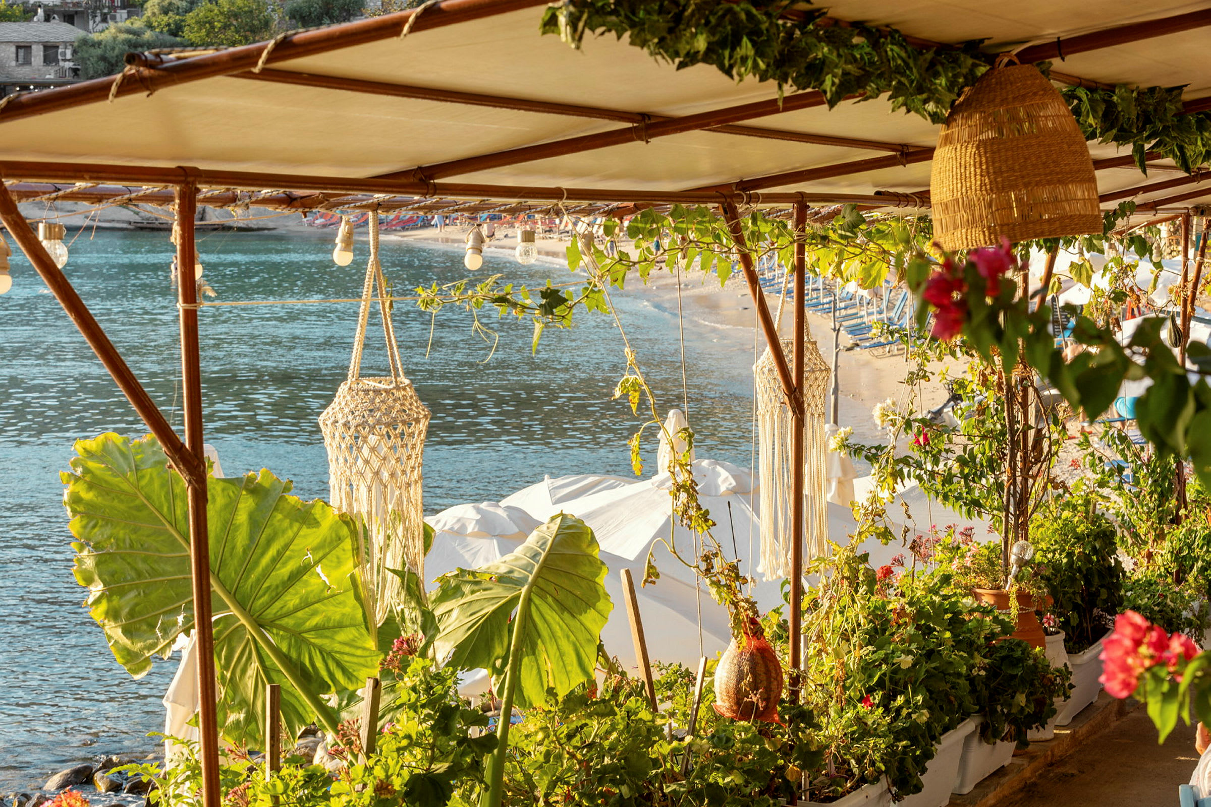 Utsikt från en pergola med växter och dekorationer mot en strand med solstolar och vatten. (AI-genererad text)