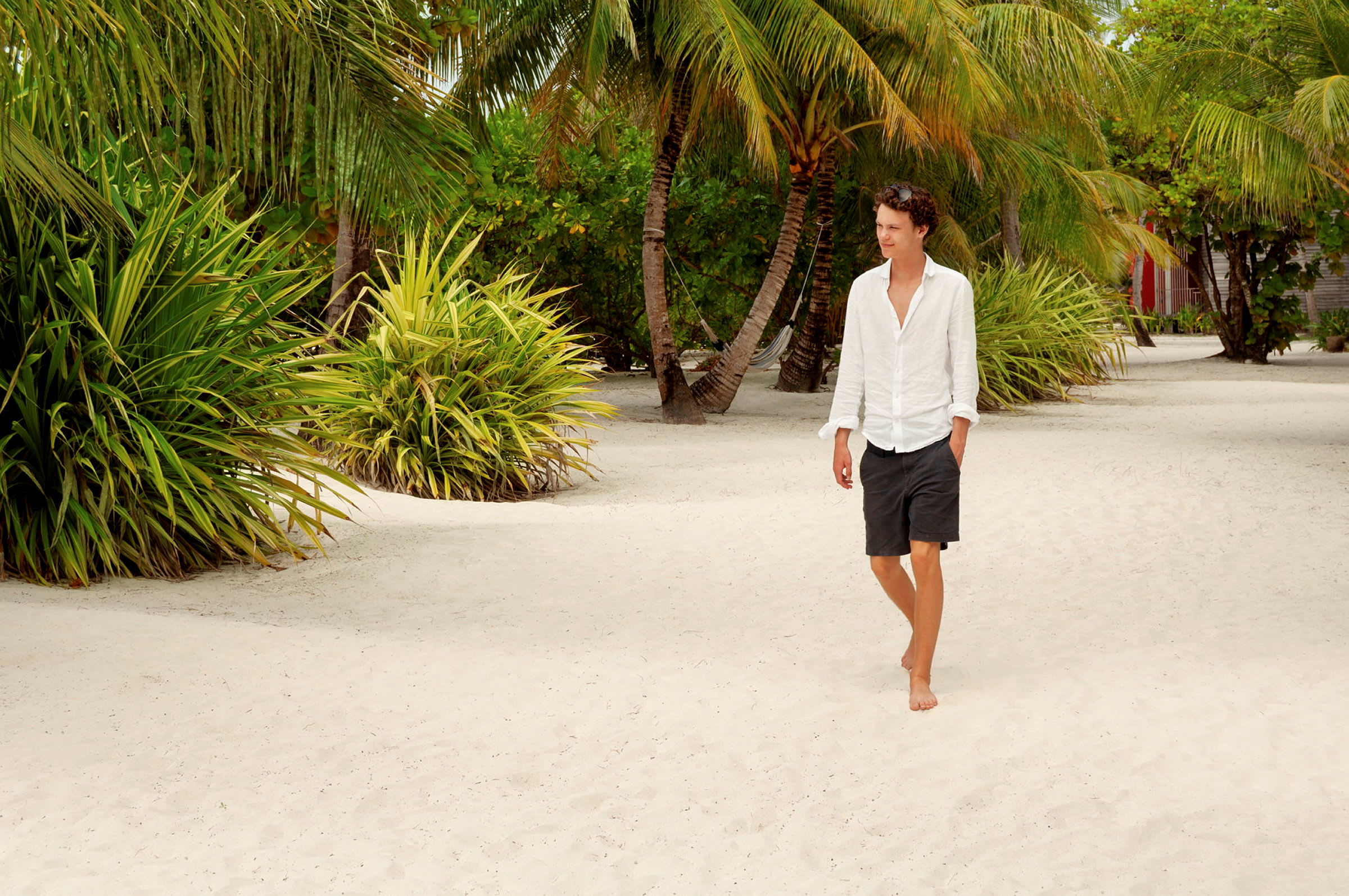 Man promenerar på en sandstrand omgiven av gröna växter och palmer. (AI-genererad text)