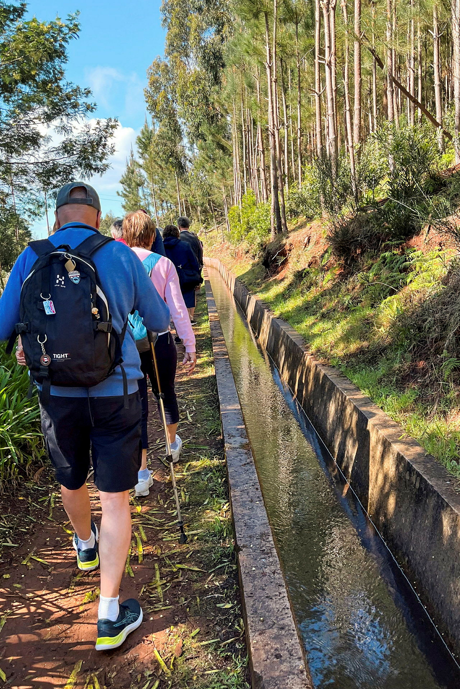 En grupp människor går längs en smal stig bredvid en kanal omgiven av skog. (AI-genererad text)