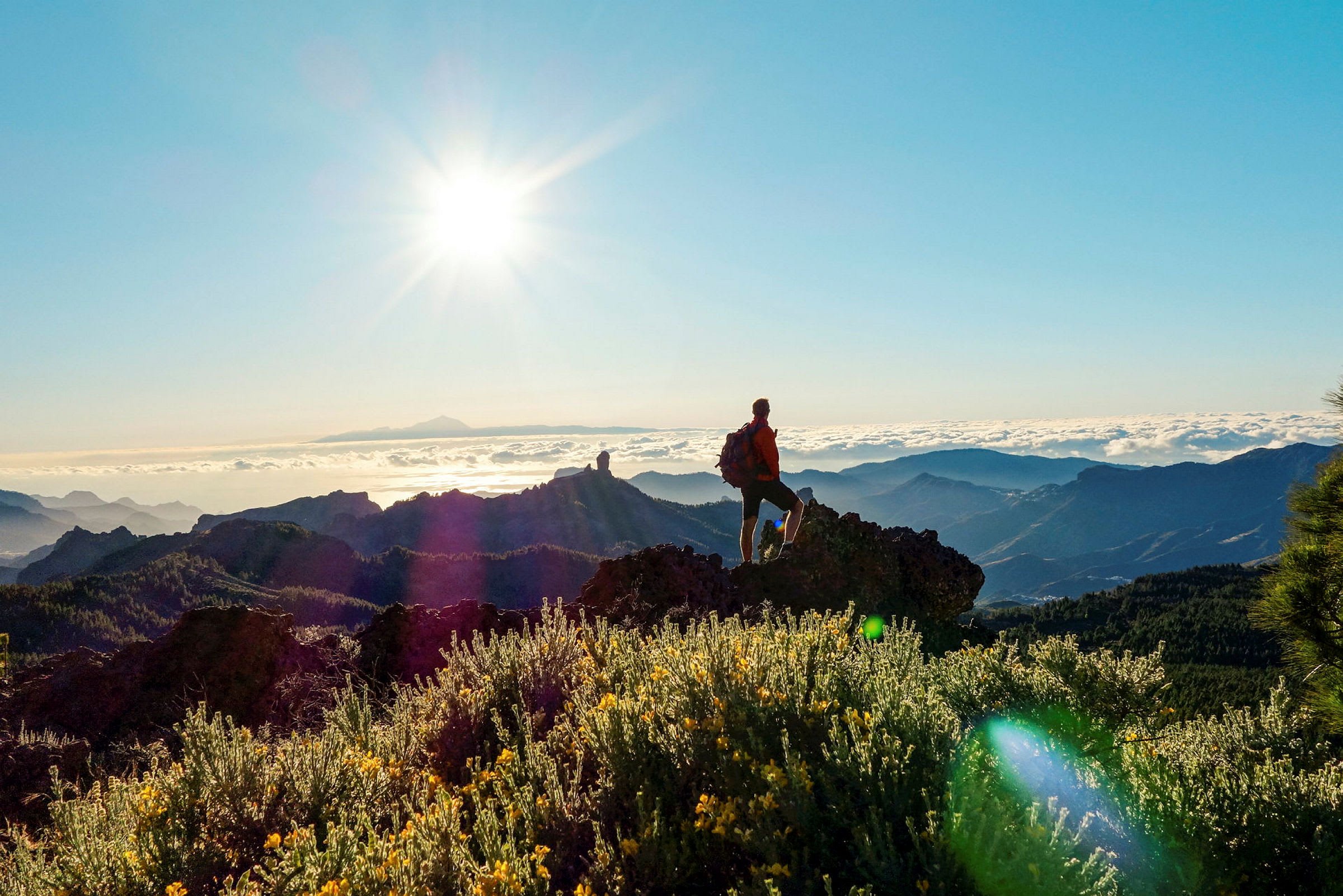 En person står på en bergstopp med utsikt över ett soligt landskap och dalar. (AI-genererad text)
